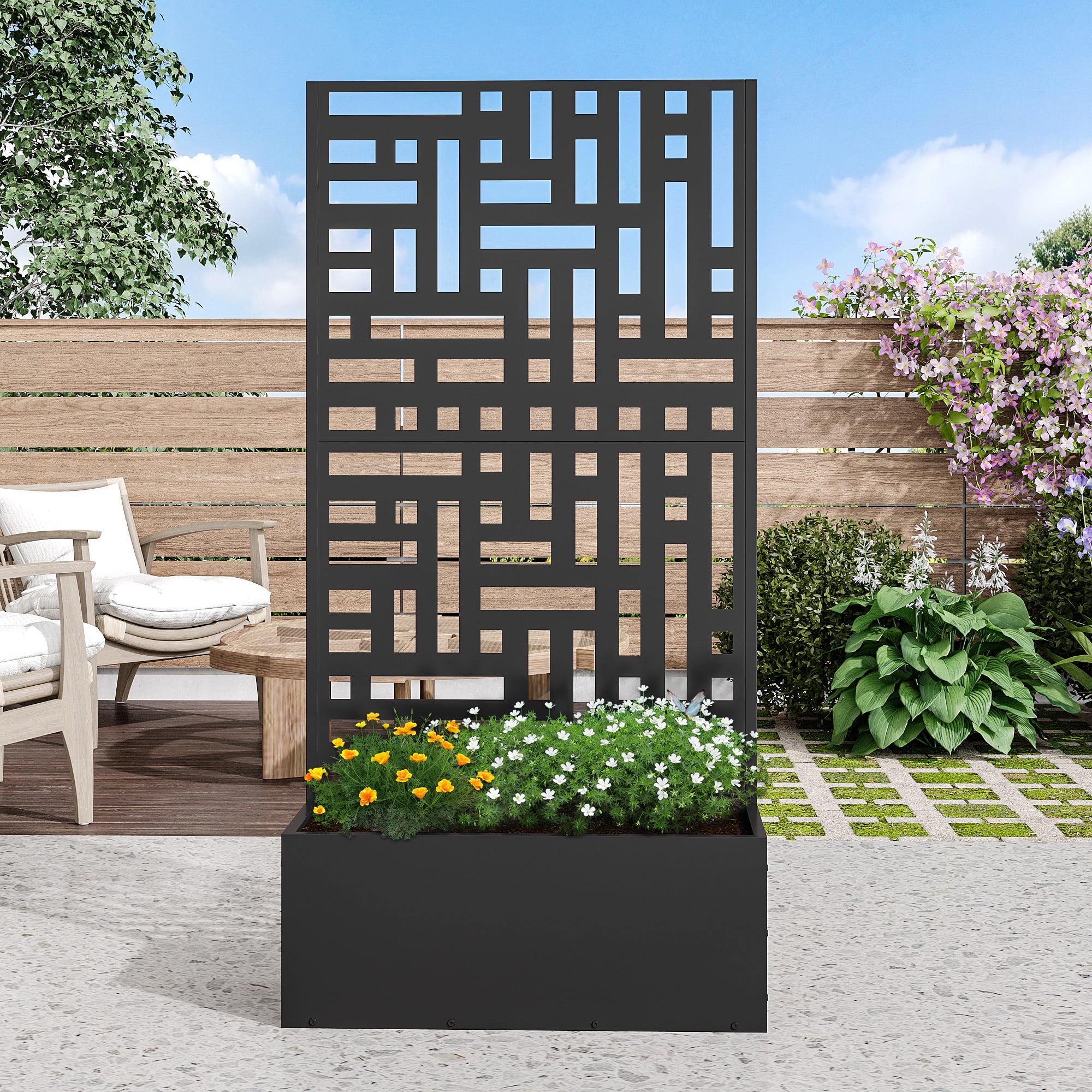 MAYEERTY 59.1"×29.5"×11.8" Black Iron Planter Box with Trellis - Street-Style Design, Durable for Outdoor Use