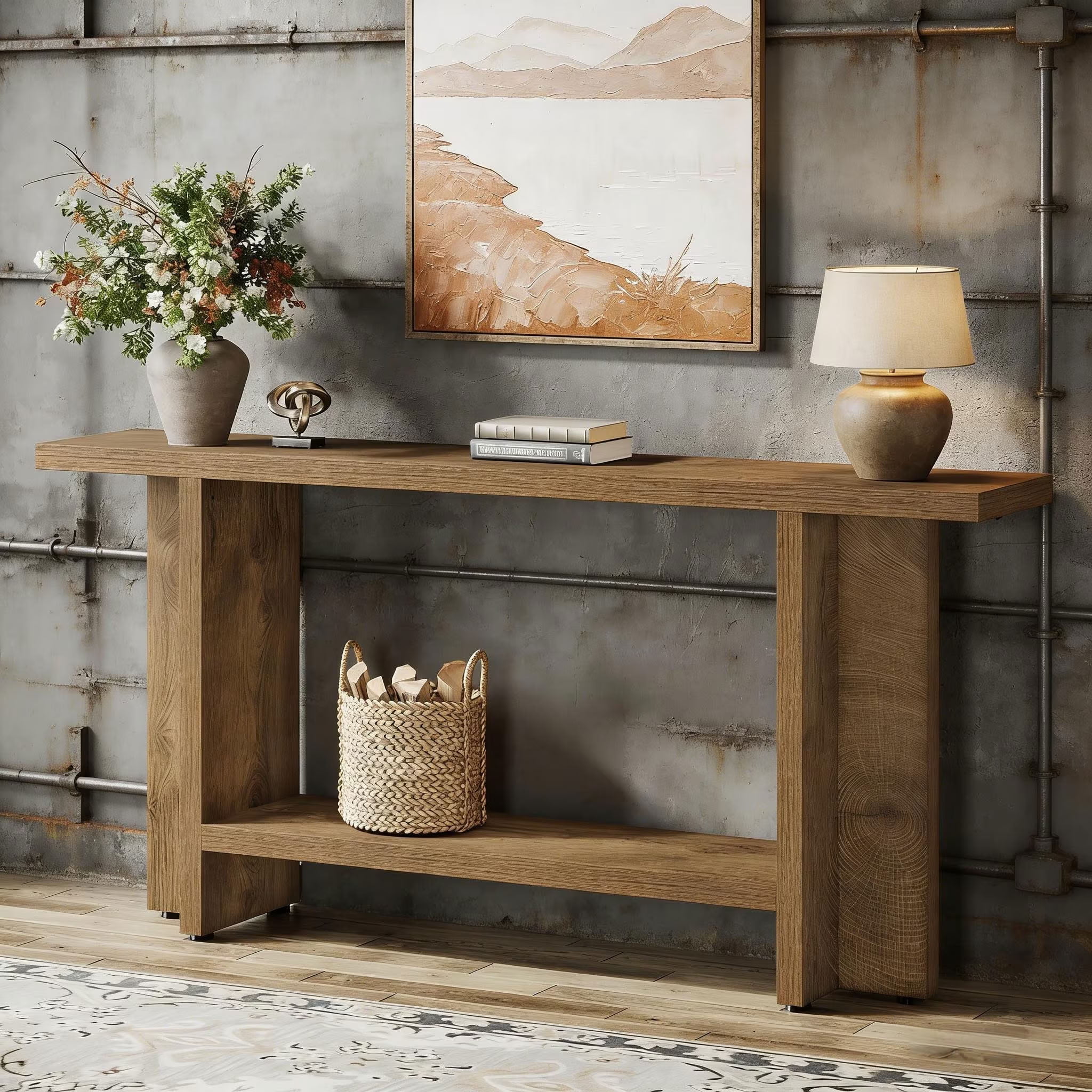 MAYEERTY 59" Farmhouse Console Table, Rustic Narrow Entryway Table with Double-Layer Storage Shelves, for Living Room, Hallway, Bedroom