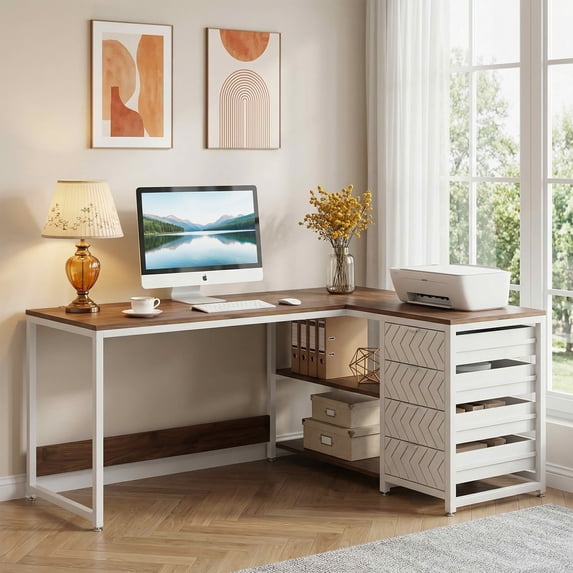 MAYEERTY 59 Inch Reversible L-Shaped Corner Desk with 4 Drawers and 2 ...