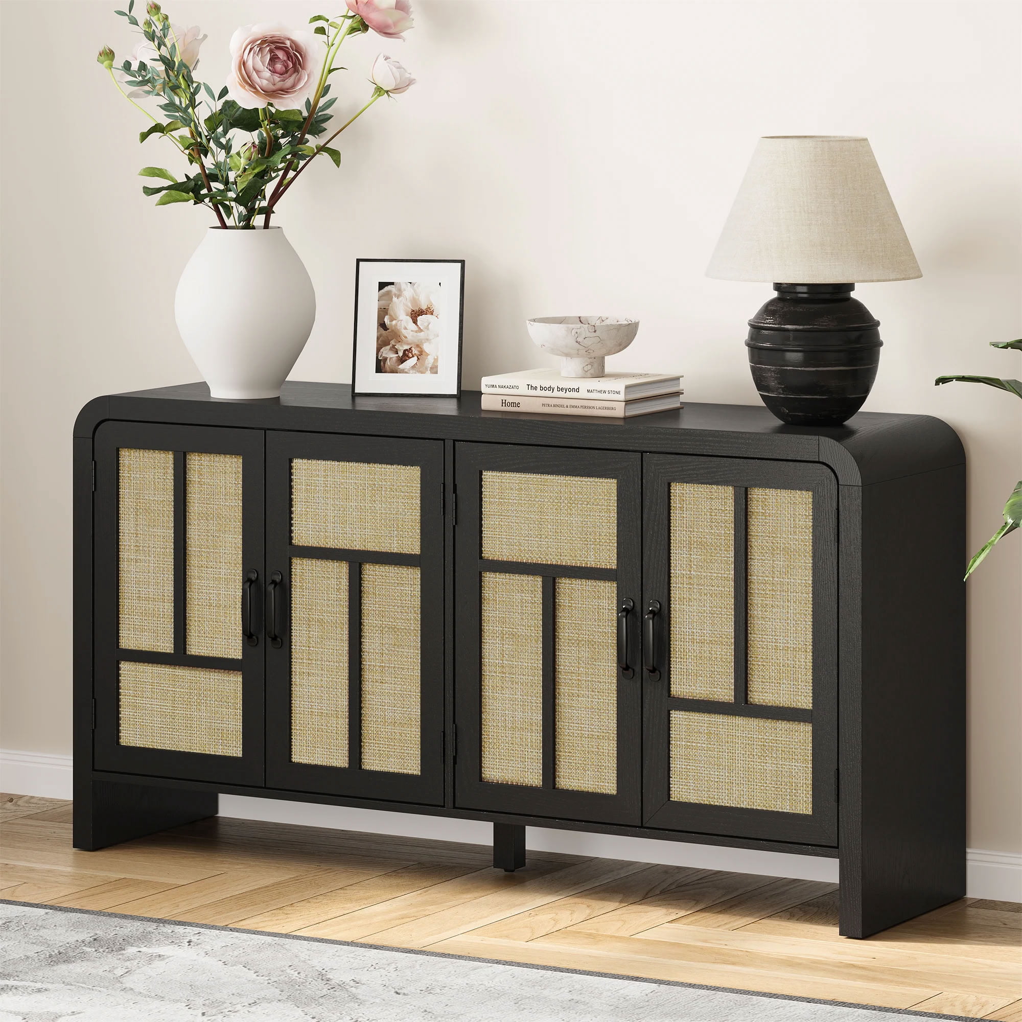 MAYEERTY 59" Rattan Sideboard Buffet Cabinet, Boho Storage Cabinet with 4 Doors and Adjustable Shelves, for Dining Room, Kitchen, Entryway, Living Room