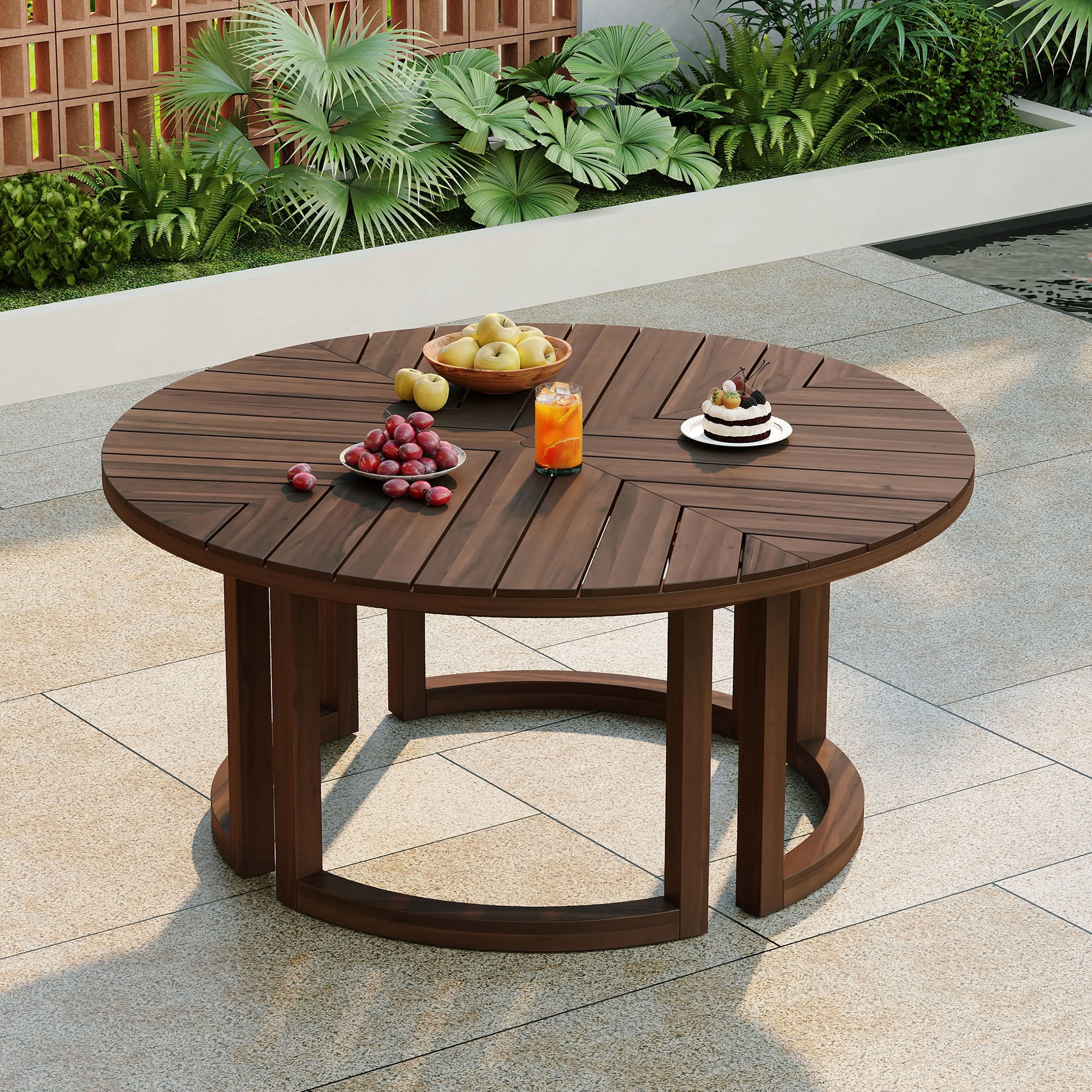 MAYEERTY 59" Round Patio Dining Table, Wood Dining Table with Umbrella Hole for Garden, Patio, and Poolside