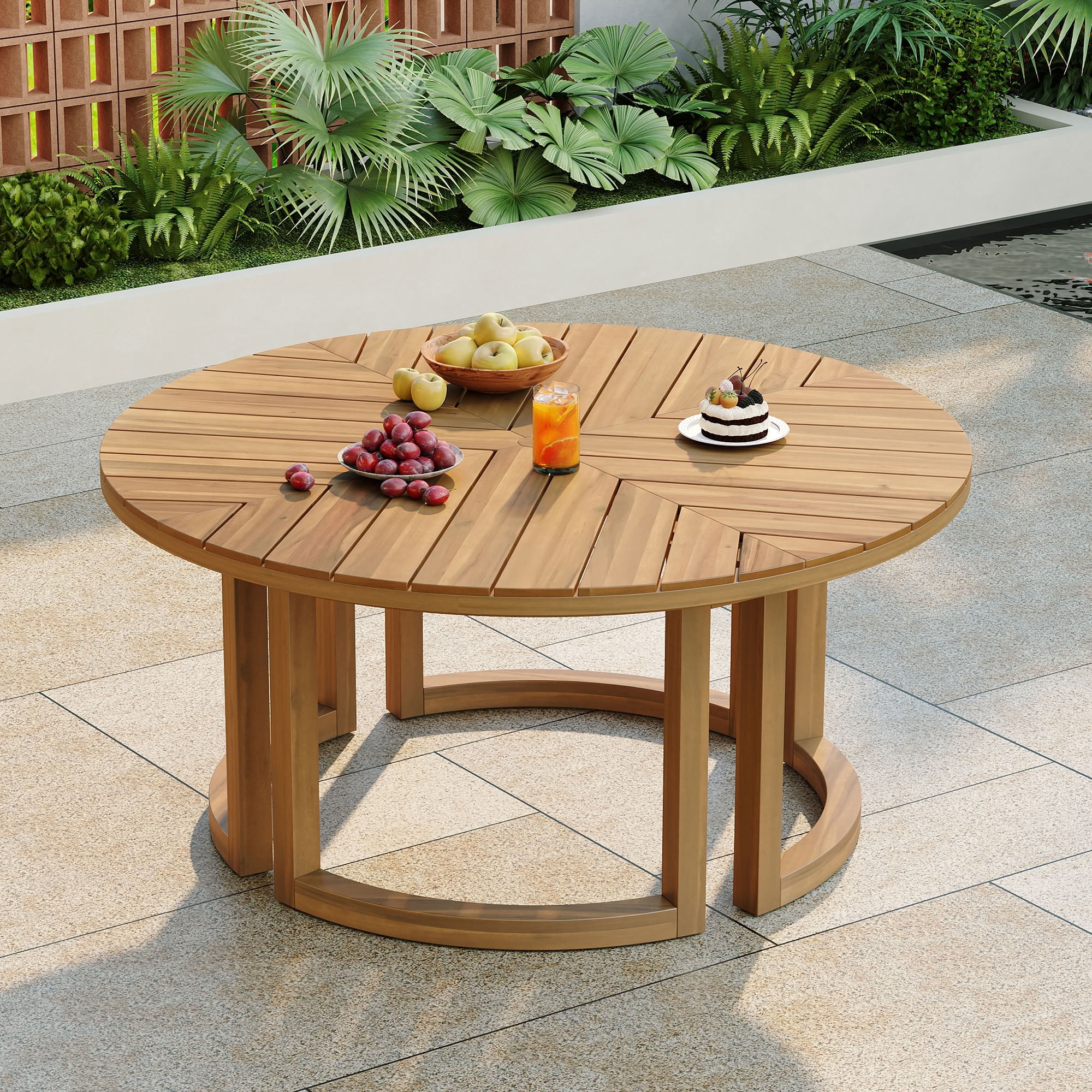 MAYEERTY 59" Round Patio Dining Table, Wood Dining Table with Umbrella Hole for Garden, Patio, and Poolside