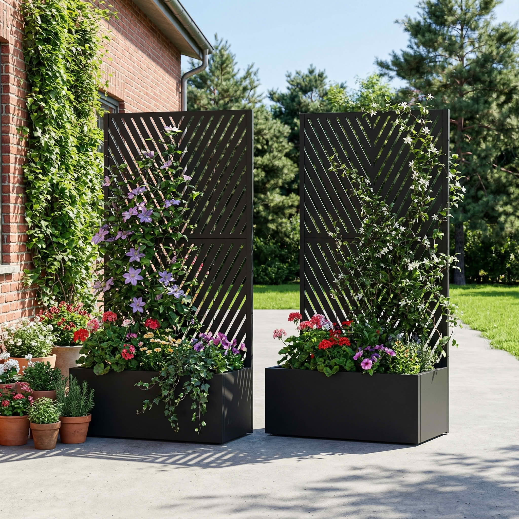 MAYEERTY 59X30" Metal Outdoor Black Privacy Screen with Planter Box for Backyard & Garden, 2 Piece Set, Double‑sided Installation