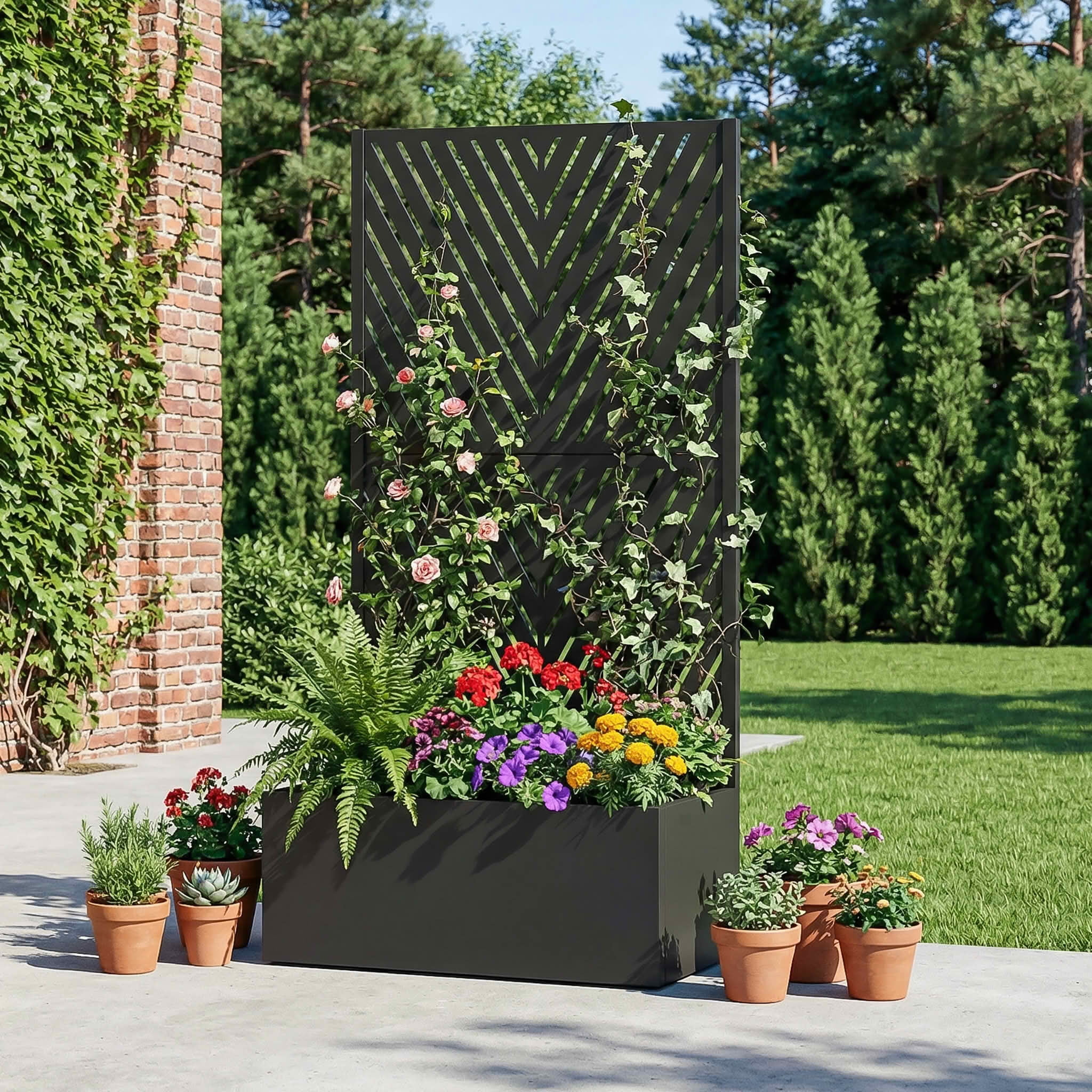 MAYEERTY 59X30" Metal Outdoor Black Privacy Screen with Planter Box for Backyard & Garden, 2 Piece Set