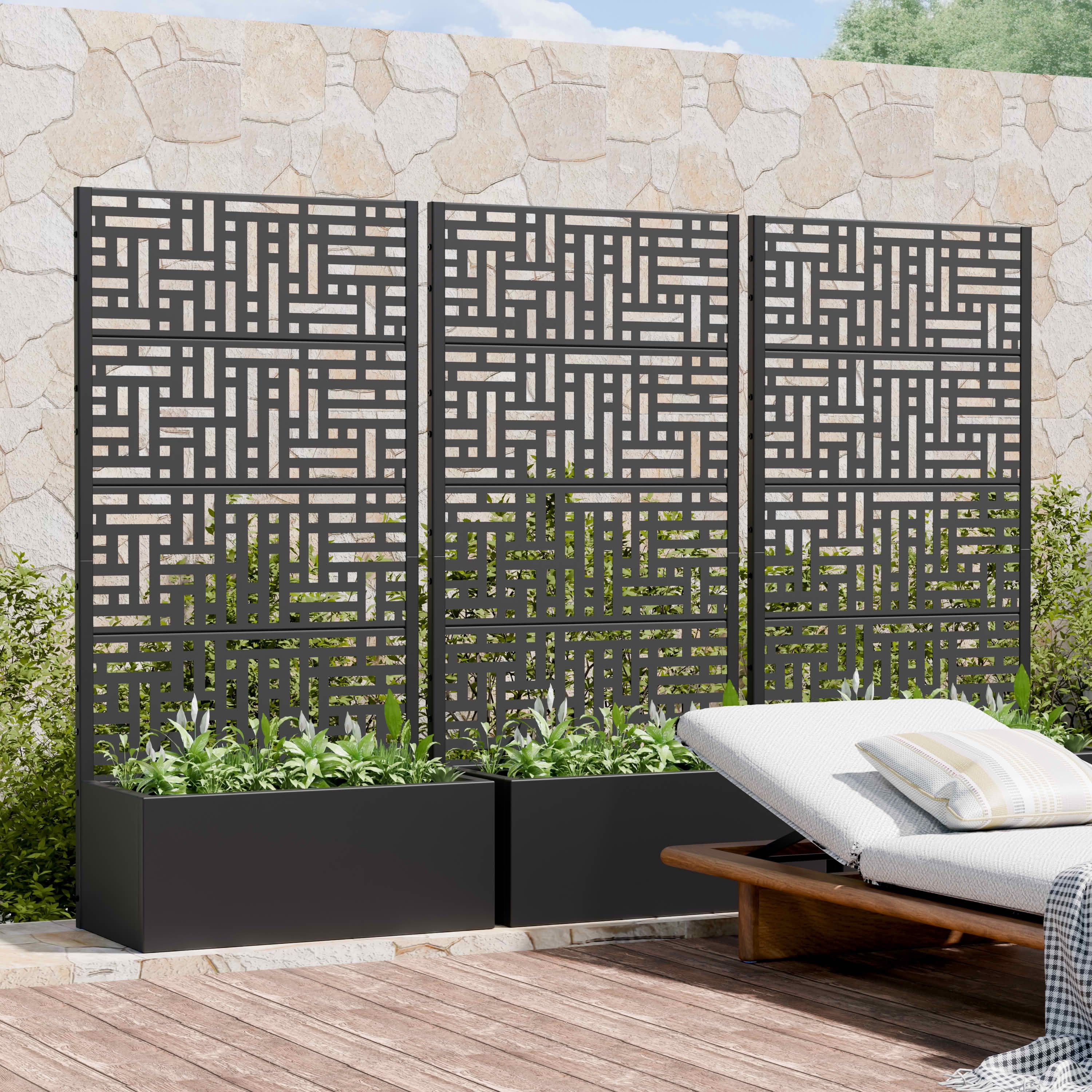 MAYEERTY 59X30" Metal Outdoor Black Privacy Screen with Planter Box for Backyard & Garden, 4 Piece Set, Double‑sided Installation