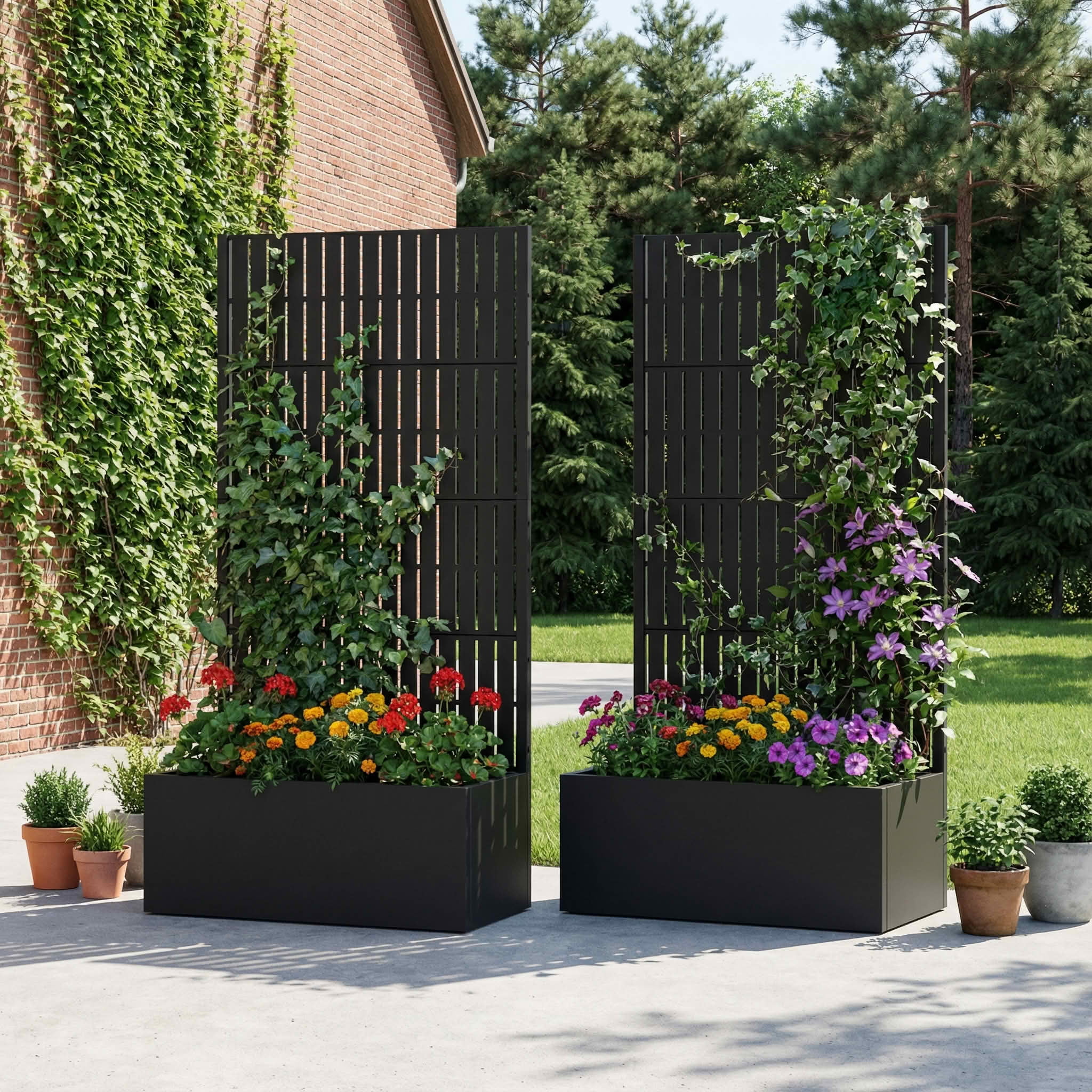 MAYEERTY 59X30" Metal Outdoor Black Privacy Screen with Planter Box for Backyard & Garden, 4 Piece Set, Double‑sided Installation