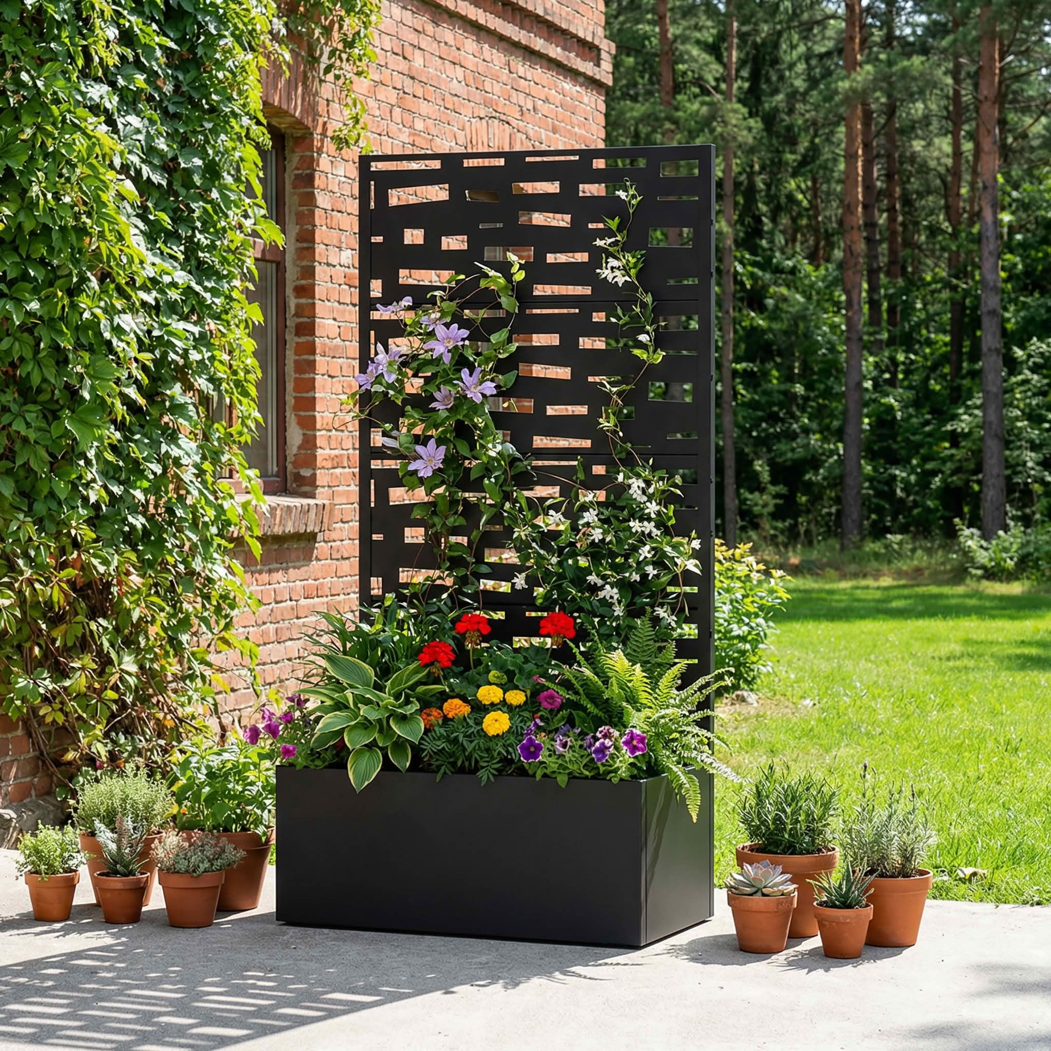 MAYEERTY 59X30" Metal Outdoor Black Privacy Screen with Planter Box for Backyard & Garden, 4 Piece Set