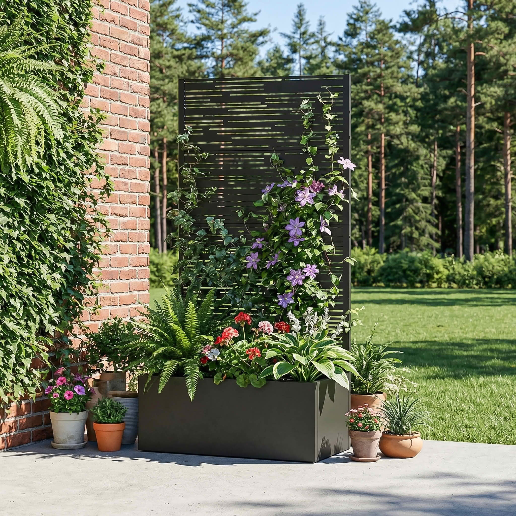 MAYEERTY 59X30" Metal Outdoor Black Privacy Screen with Planter Box for Backyard & Garden, 4 Piece Set