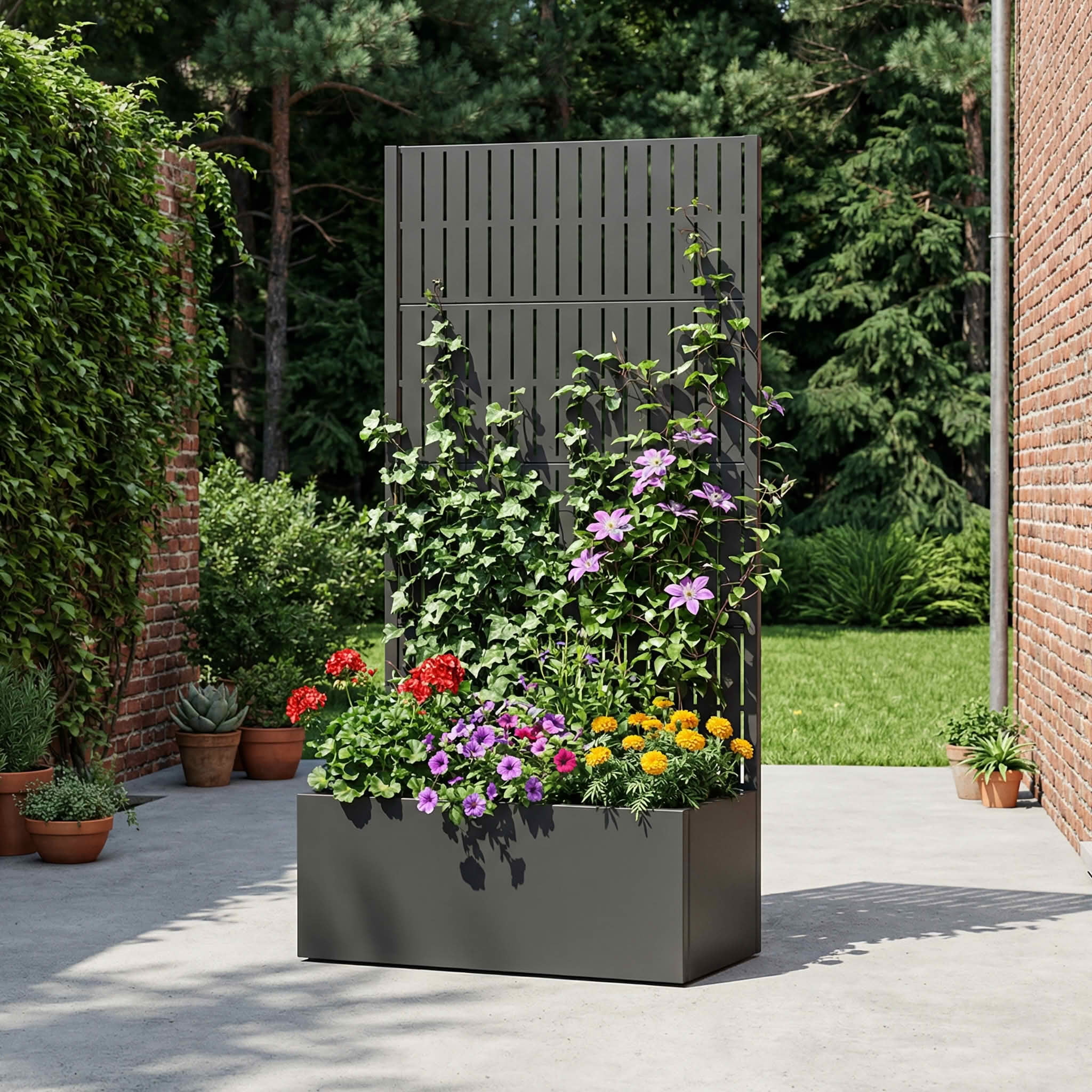 MAYEERTY 59X30" Metal Outdoor Black Privacy Screen with Planter Box for Backyard & Garden, 4 Piece Set