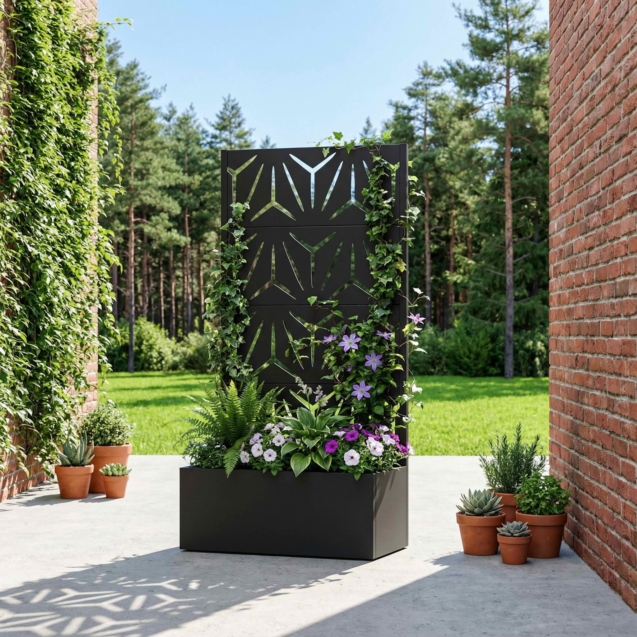 MAYEERTY 59X30" Metal Outdoor Black Privacy Screen with Planter Box for Backyard & Garden, 4 Piece Set