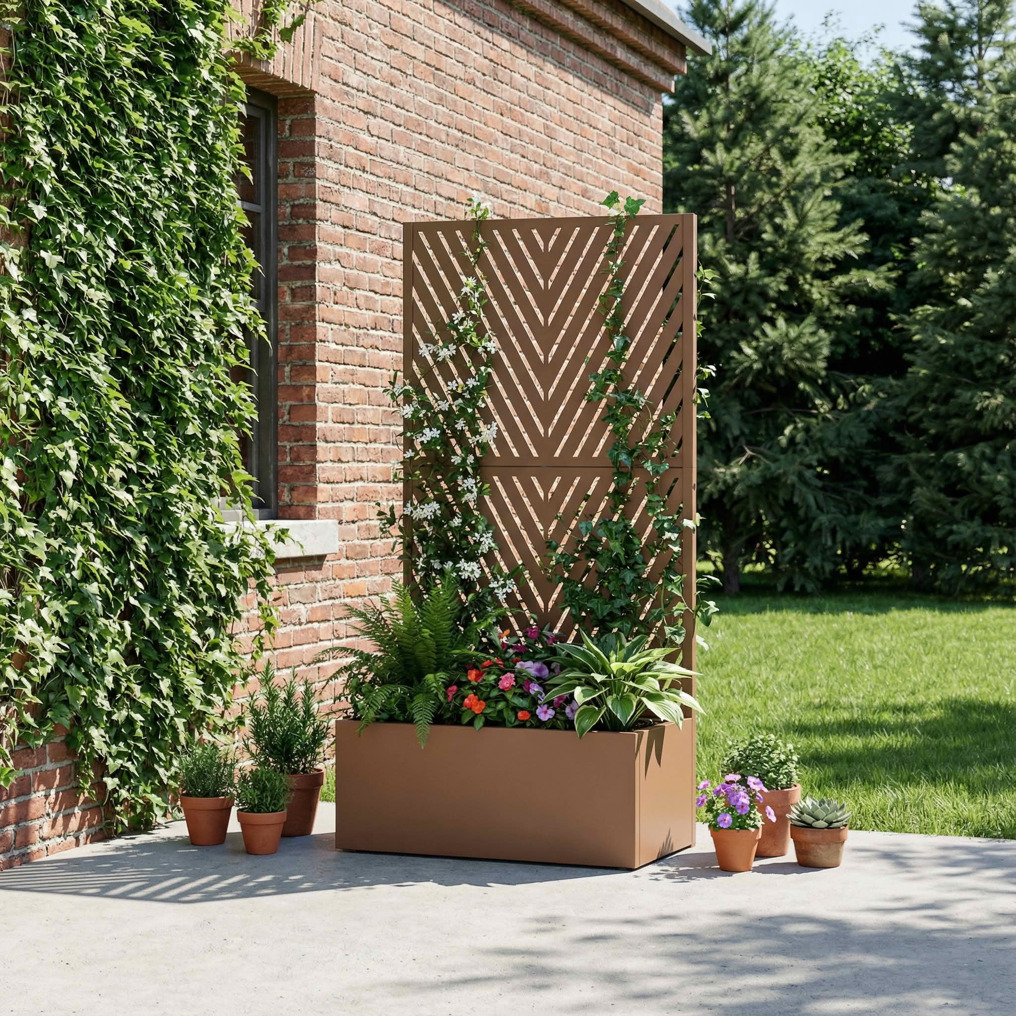 MAYEERTY 59X30" Metal Outdoor Brown Privacy Screen with Planter Box for Backyard & Garden, 2 Piece Set