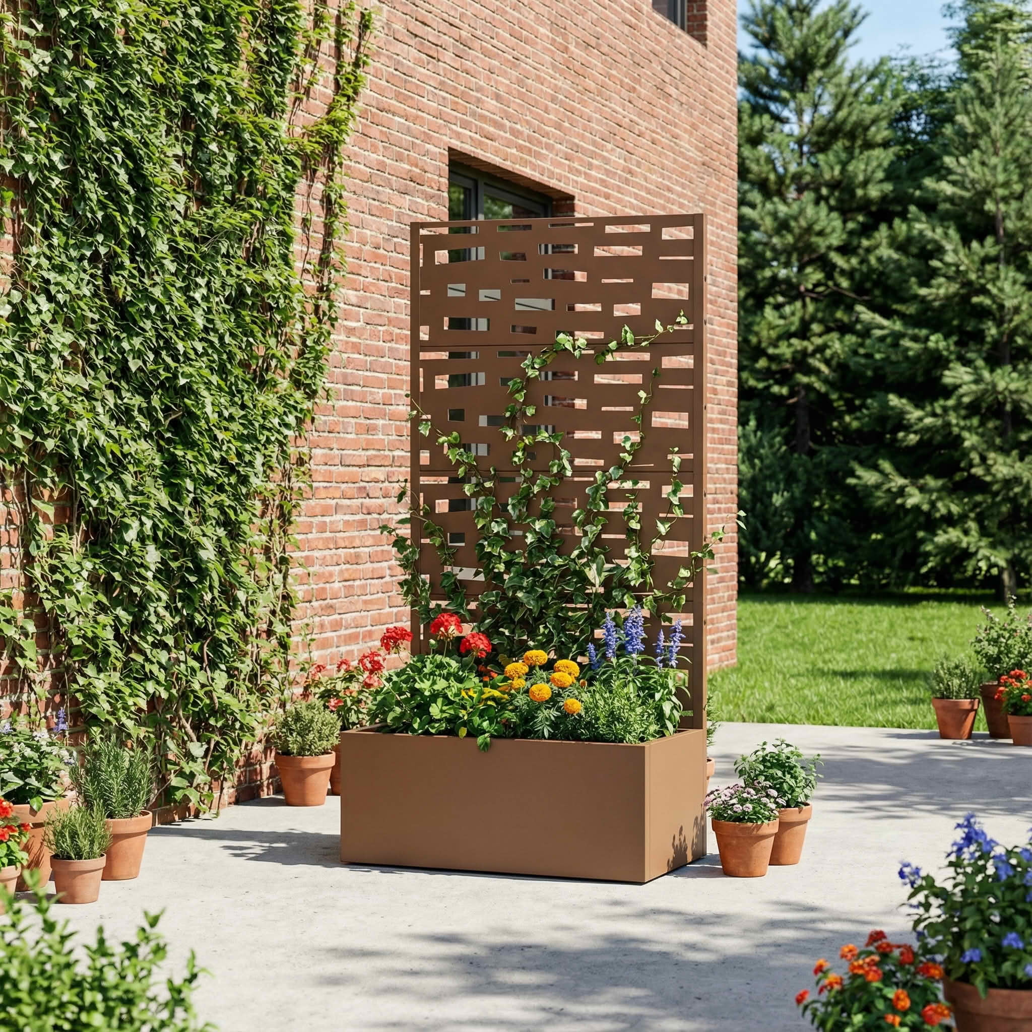 MAYEERTY 59X30" Metal Outdoor Brown Privacy Screen with Planter Box for Backyard & Garden, 4 Piece Set