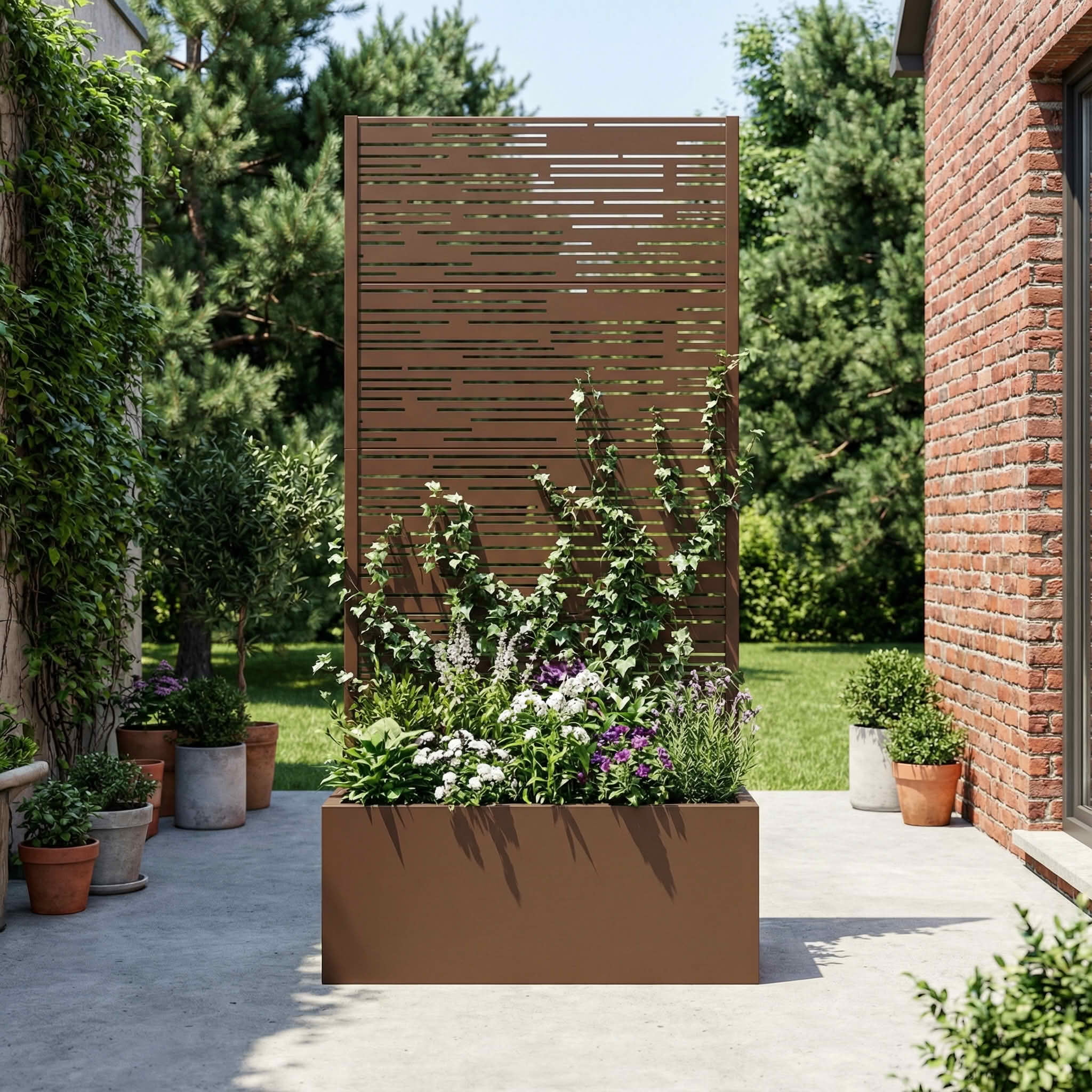 MAYEERTY 59X30" Metal Outdoor Brown Privacy Screen with Planter Box for Backyard & Garden, 4 Piece Set