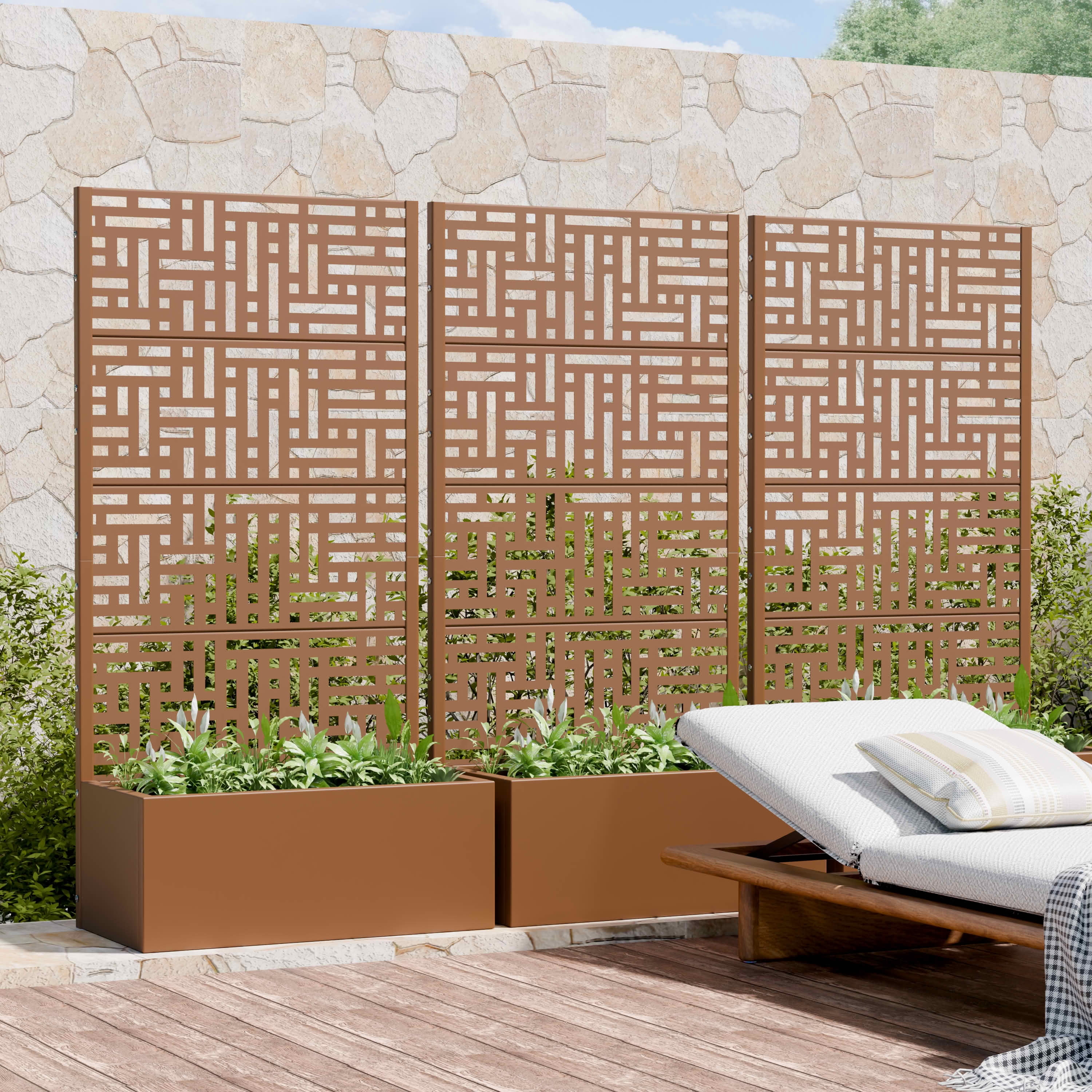 MAYEERTY 59X30" Metal Outdoor Brown Privacy Screen with Planter Box for Backyard & Garden, 4 Piece Set
