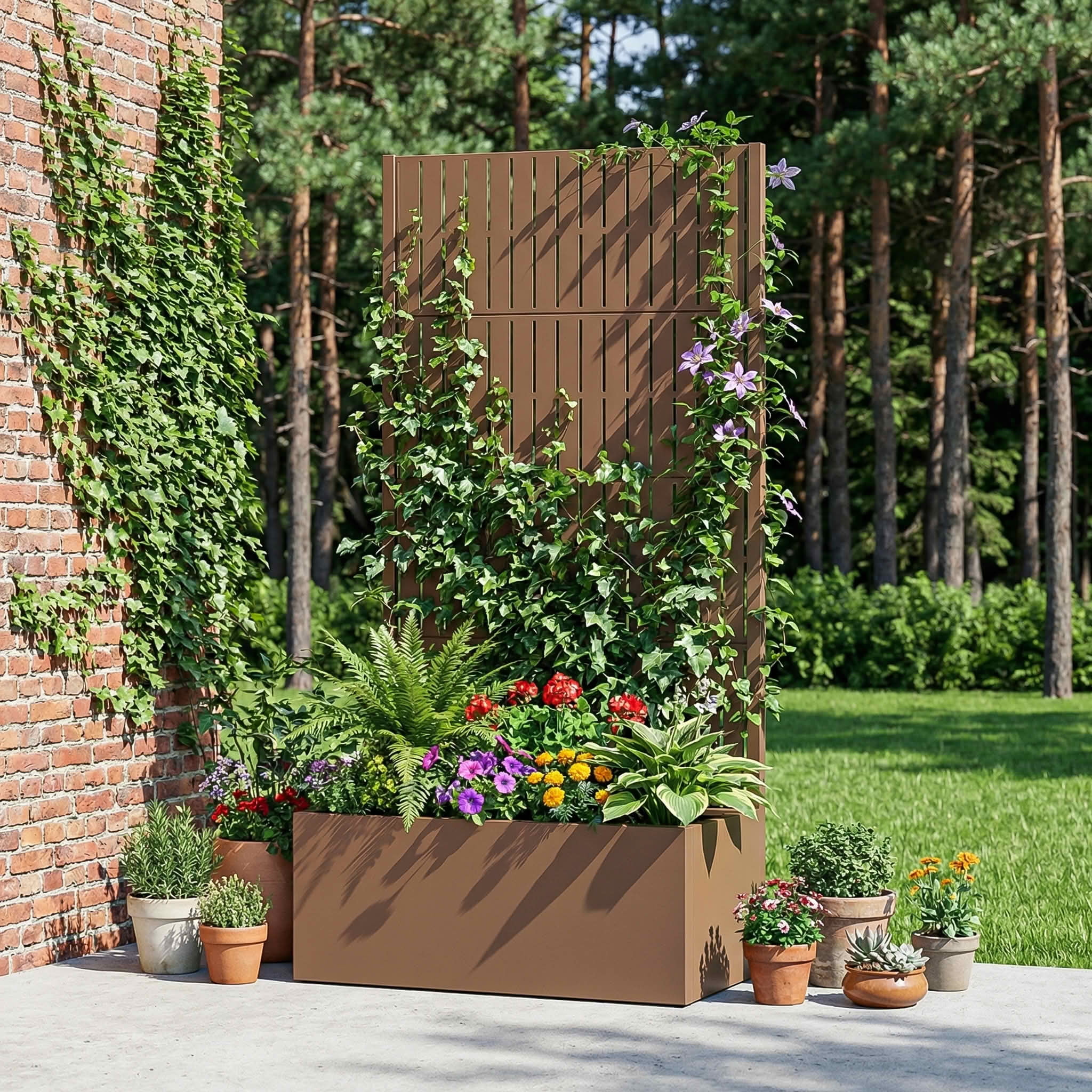 MAYEERTY 59X30" Metal Outdoor Brown Privacy Screen with Planter Box for Backyard & Garden, 4 Piece Set