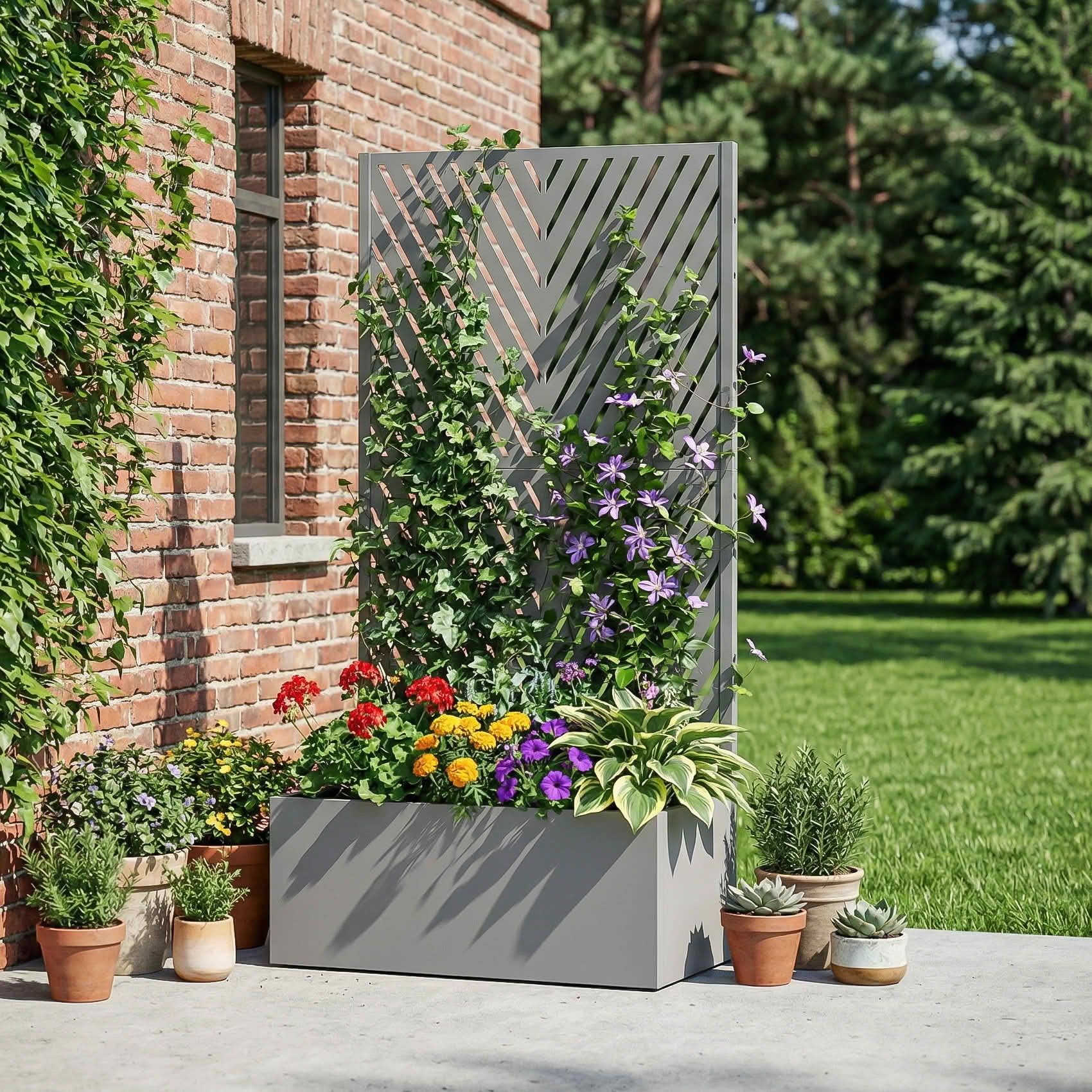 MAYEERTY 59X30" Metal Outdoor Gray Privacy Screen with Planter Box for Backyard & Garden, 2 Piece Set