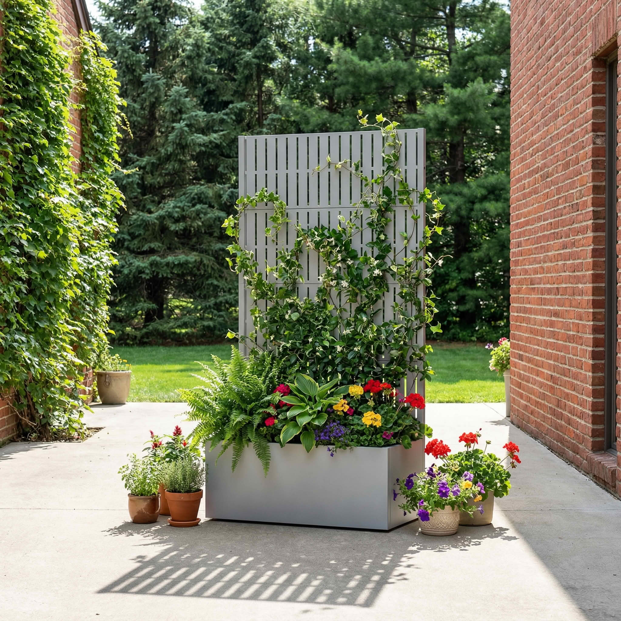 MAYEERTY 59X30" Metal Outdoor Gray Privacy Screen with Planter Box for Backyard & Garden, 4 Piece Set