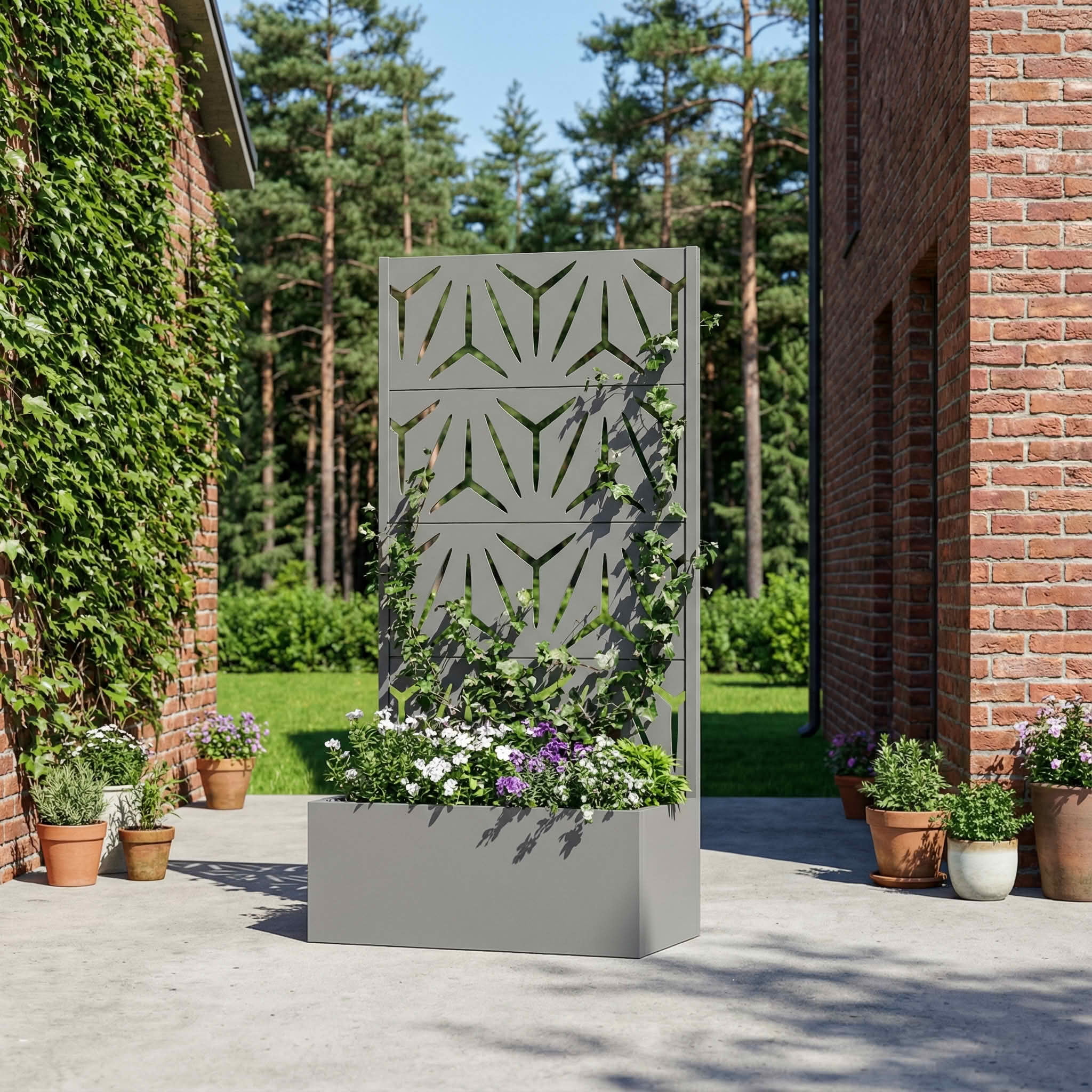 MAYEERTY 59X30" Metal Outdoor Gray Privacy Screen with Planter Box for Backyard & Garden, 4 Piece Set