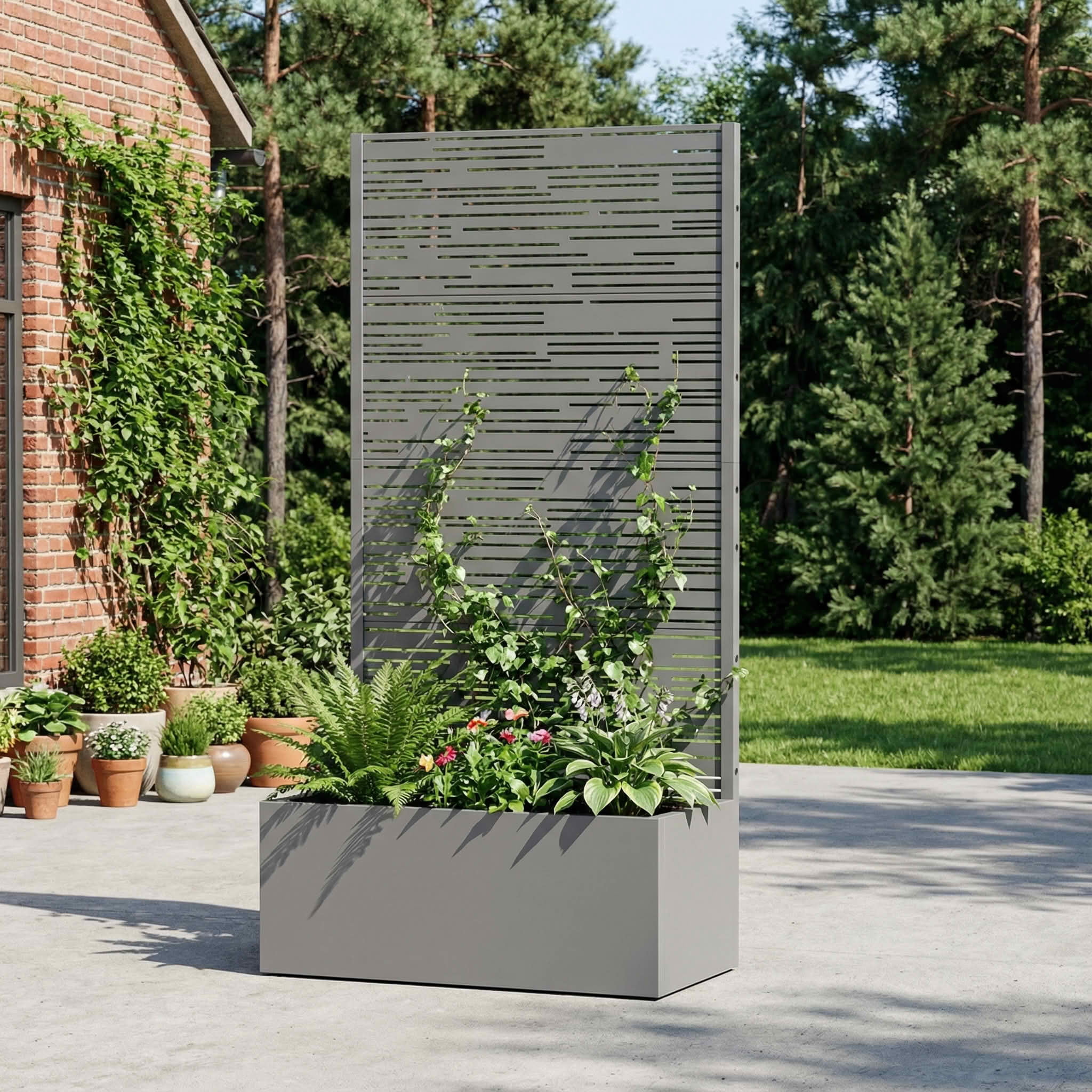MAYEERTY 59X30" Metal Outdoor Gray Privacy Screen with Planter Box for Backyard & Garden, 4 Piece Set
