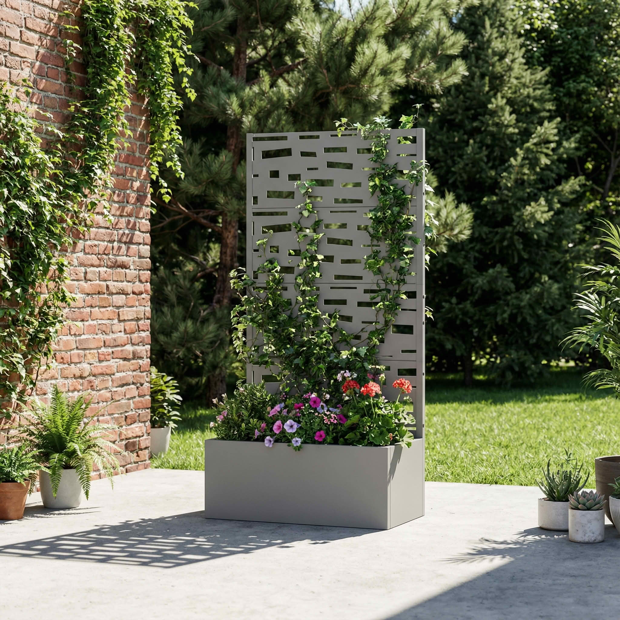 MAYEERTY 59X30" Metal Outdoor Gray Privacy Screen with Planter Box for Backyard & Garden, 4 Piece Set