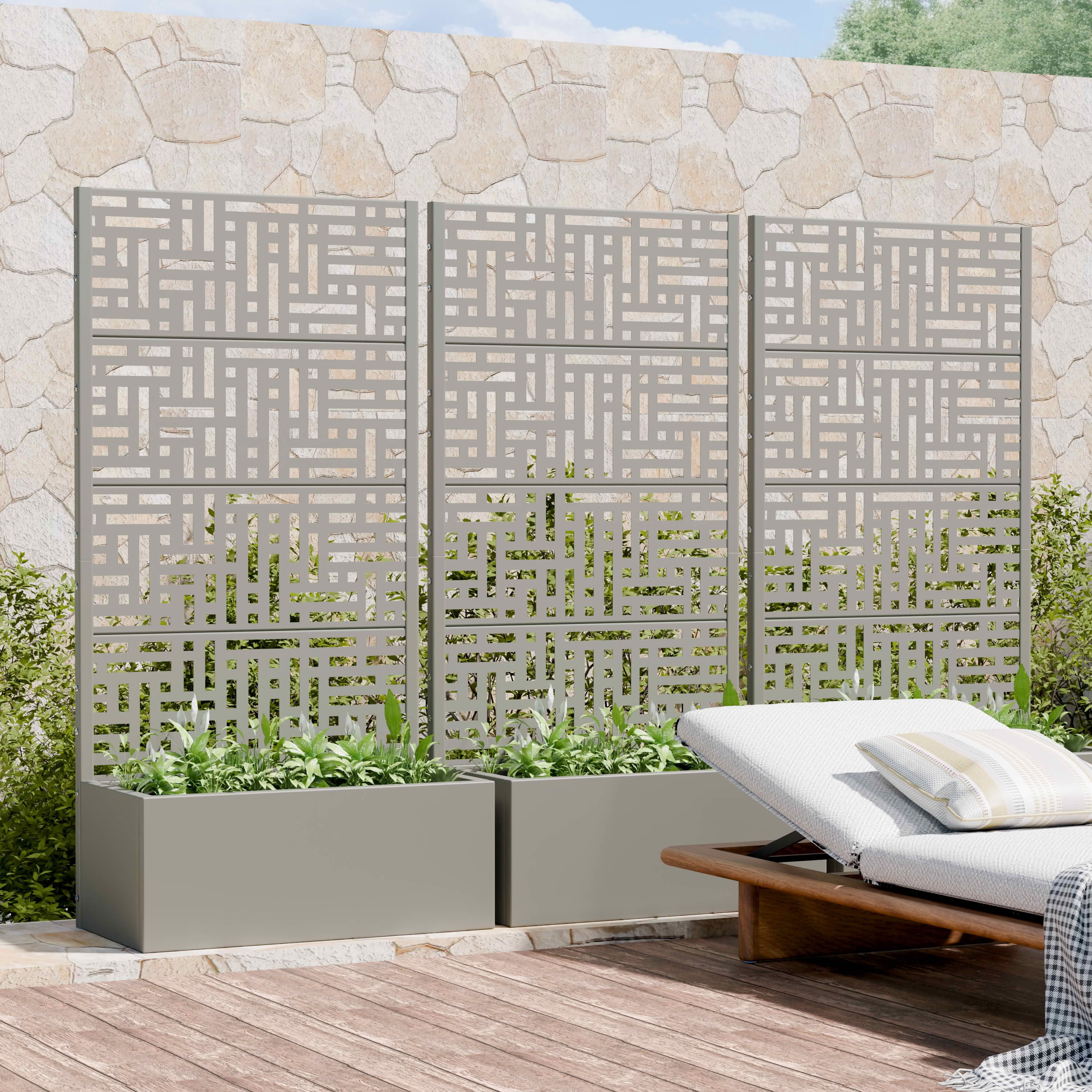 MAYEERTY 59X30" Metal Outdoor Gray Privacy Screen with Planter Box for Backyard & Garden, 4 Piece Set