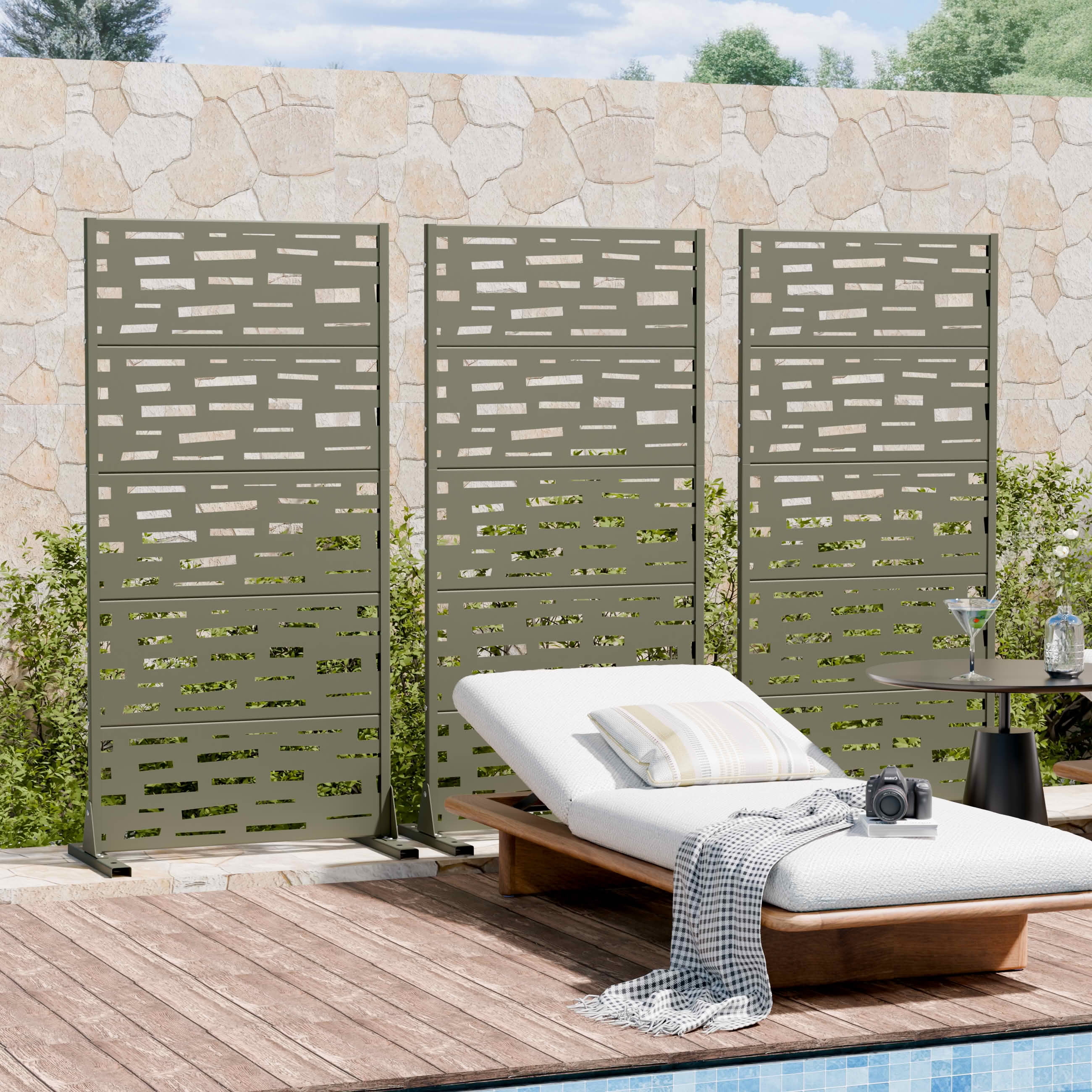 MAYEERTY 59X30" Metal Outdoor Olive Gray Privacy Screen for Backyard & Garden, 5 Piece Set