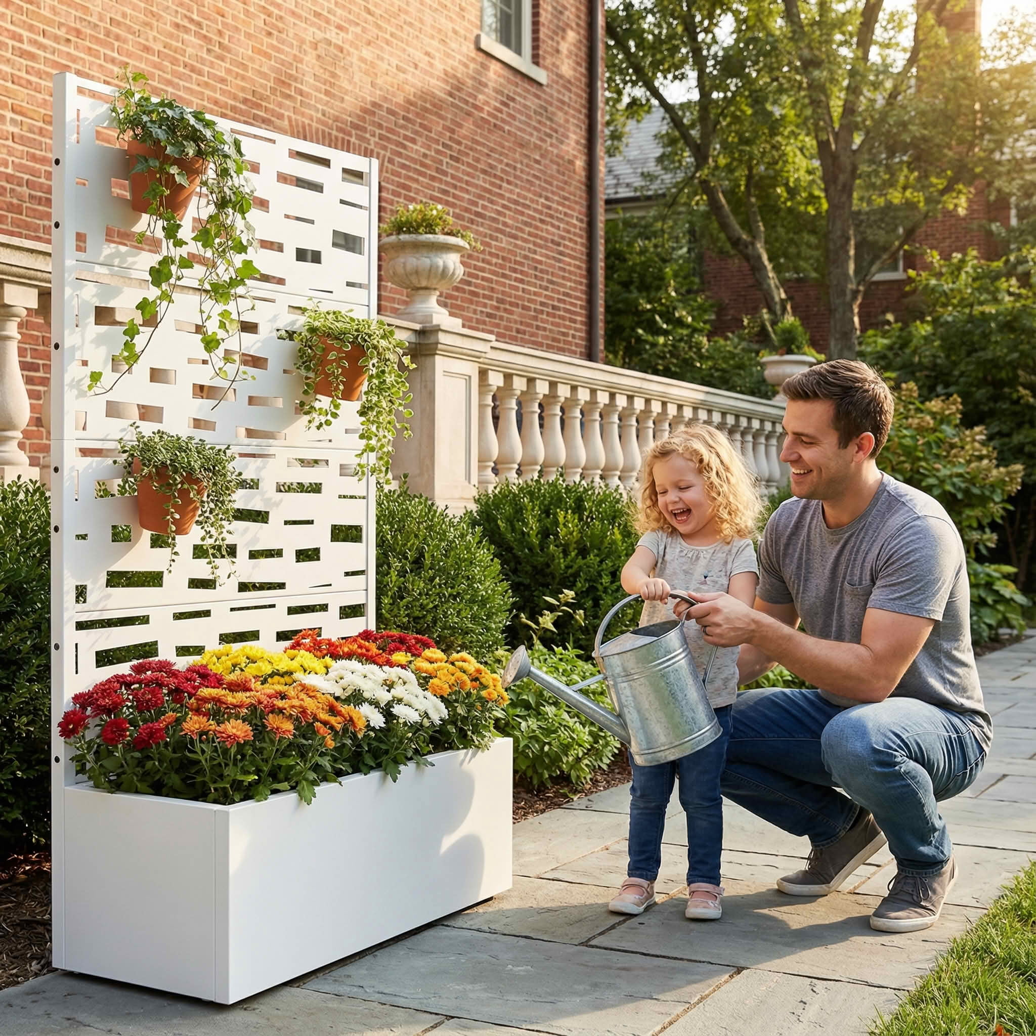 MAYEERTY 59X30" Metal Outdoor White Privacy Screen with Planter Box for Backyard & Garden, 4 Piece Set
