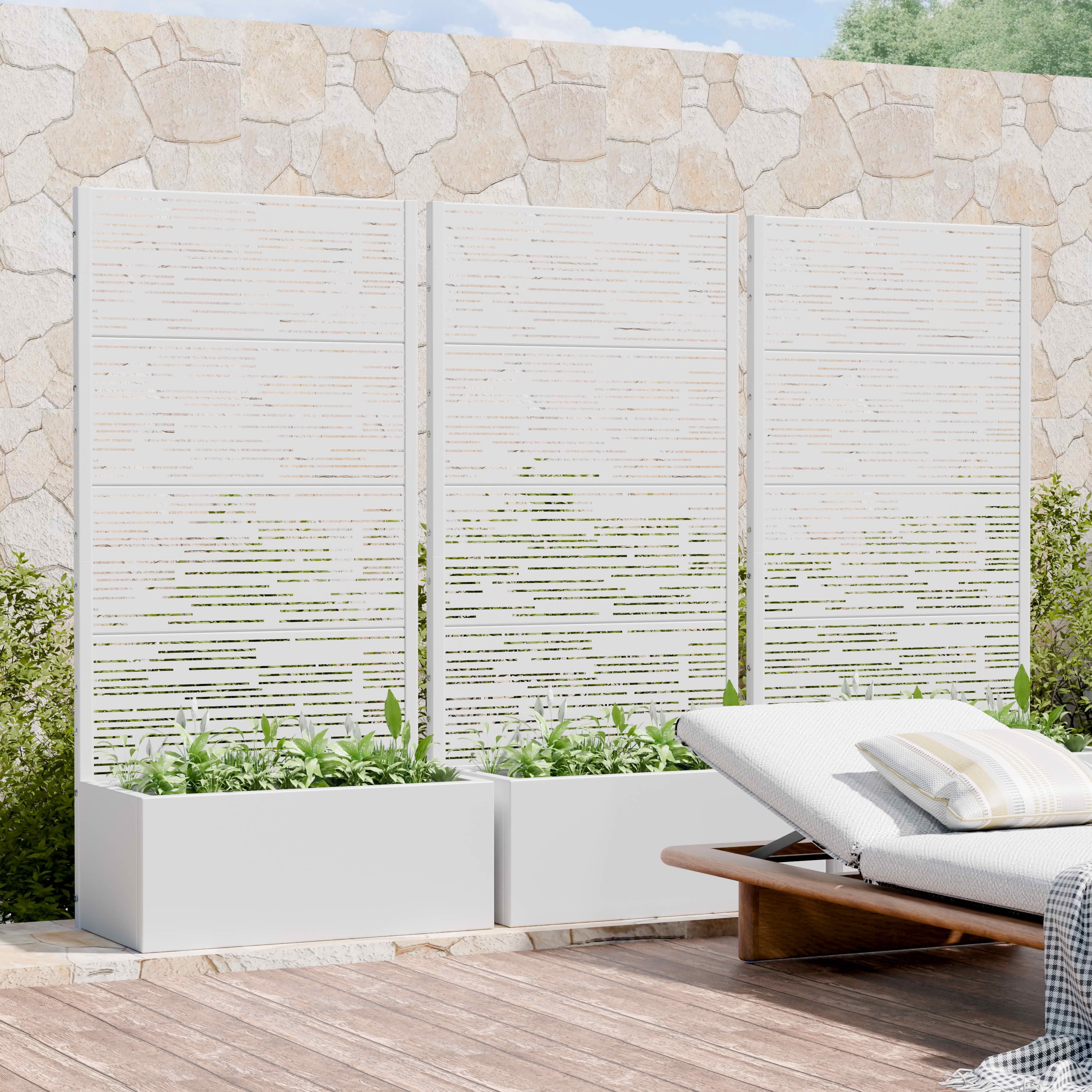 MAYEERTY 59X30" Metal Outdoor White Privacy Screen with Planter Box for Backyard & Garden, 4 Piece Set