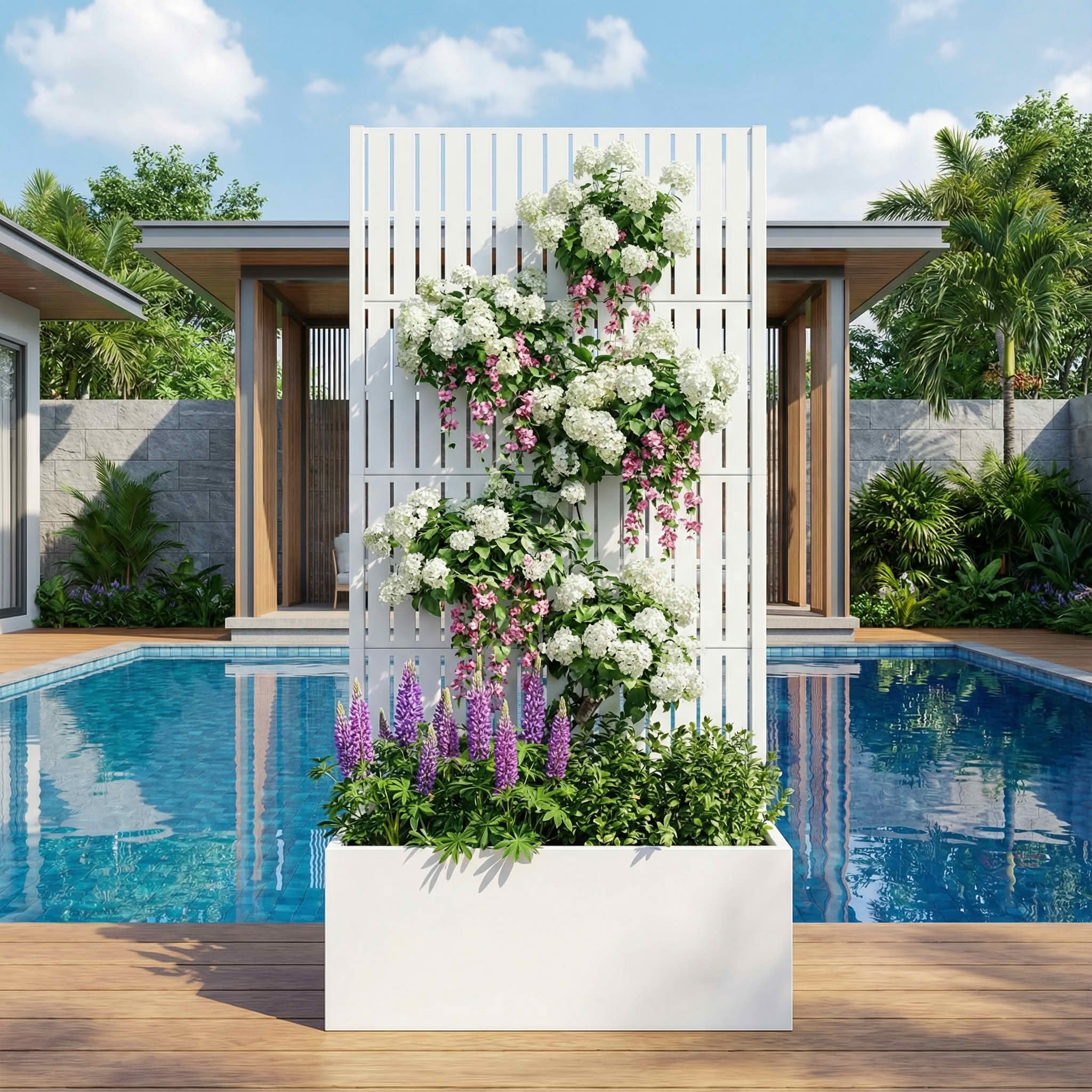 MAYEERTY 59X30" Metal Outdoor White Privacy Screen with Planter Box for Backyard & Garden, 4 Piece Set