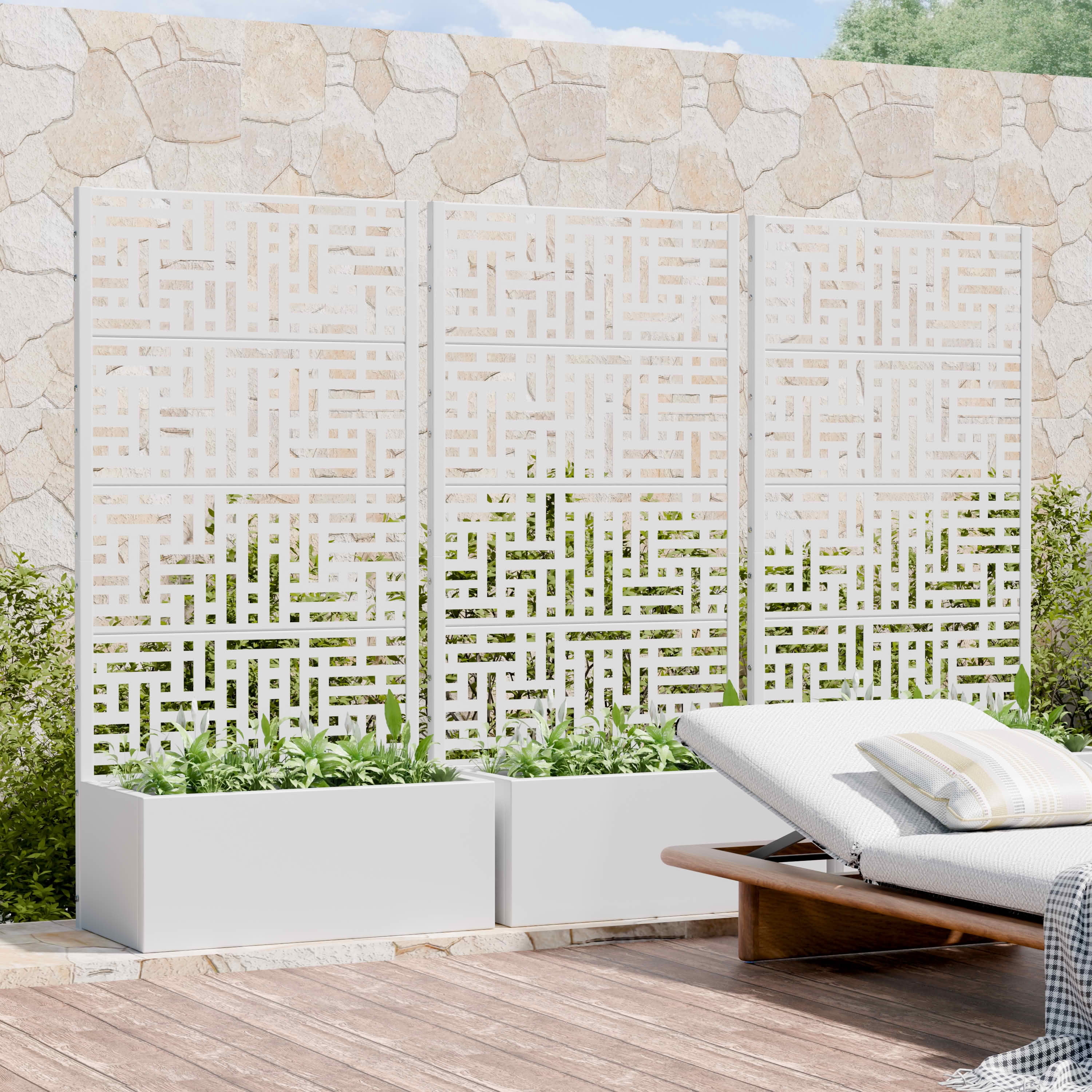 MAYEERTY 59X30" Metal Outdoor White Privacy Screen with Planter Box for Backyard & Garden, 4 Piece Set