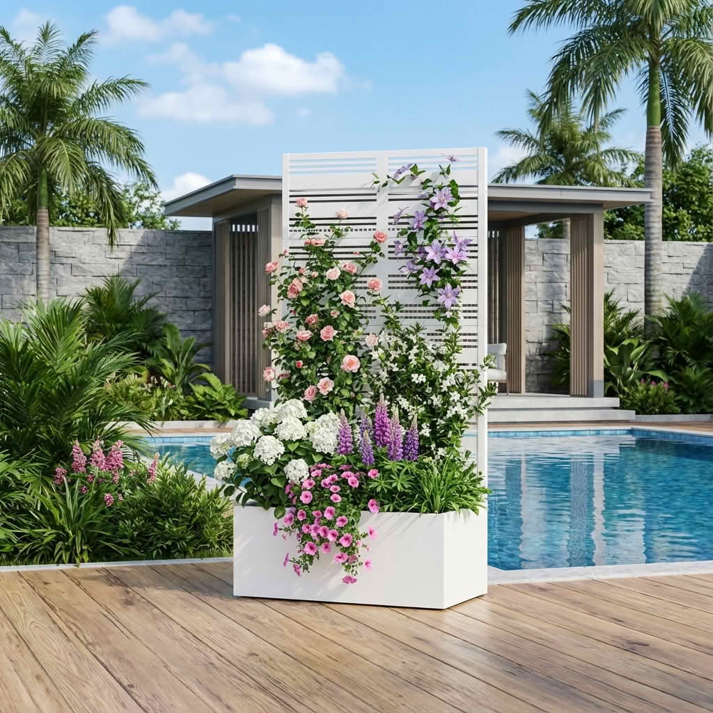 MAYEERTY 59X30" Metal Outdoor White Privacy Screen with Planter Box for Backyard & Garden, 4 Piece Set