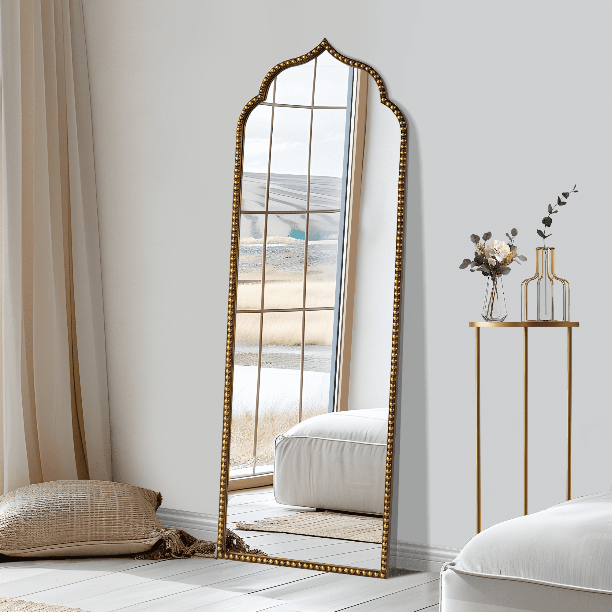 MAYEERTY 59x20 Iron Thai Beaded Right-Angle Arch Gold Full-Length Mirror