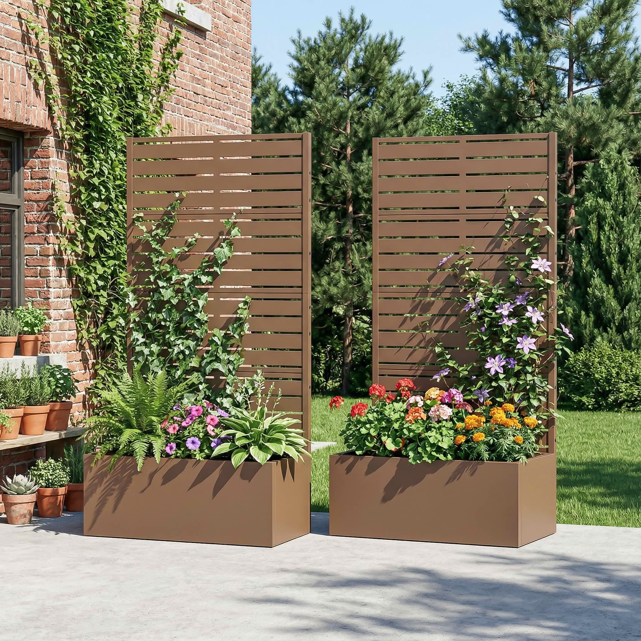 MAYEERTY 59x30 Brown Double-sided Rectangular Iron Planter Box with Trellis, 4 Piece Set Decorative Garden Screen for Patio and Balcony
