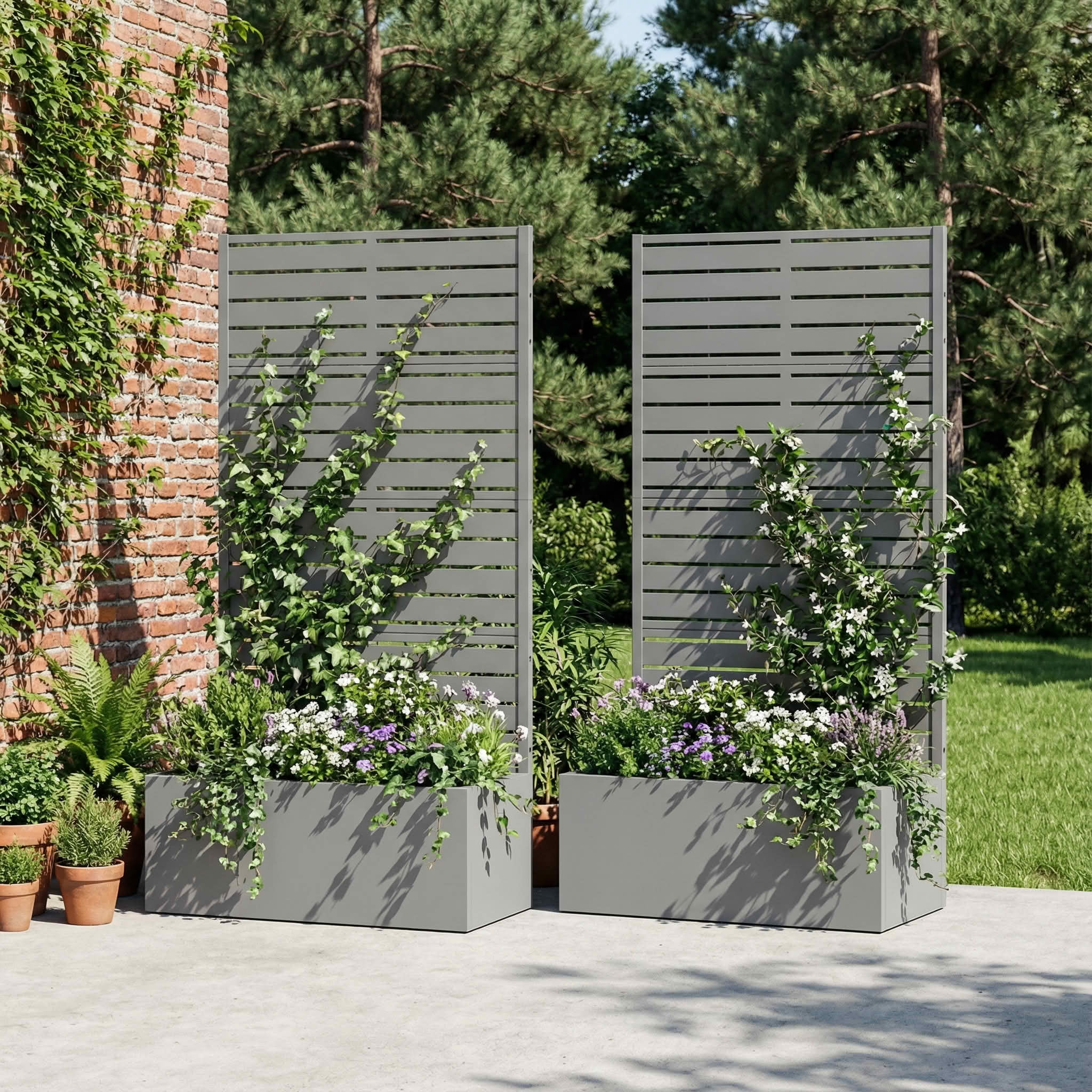 MAYEERTY 59x30 Gray Double-sided Rectangular Iron Planter Box with Trellis, 4 Piece Set Decorative Garden Screen for Patio and Balcony