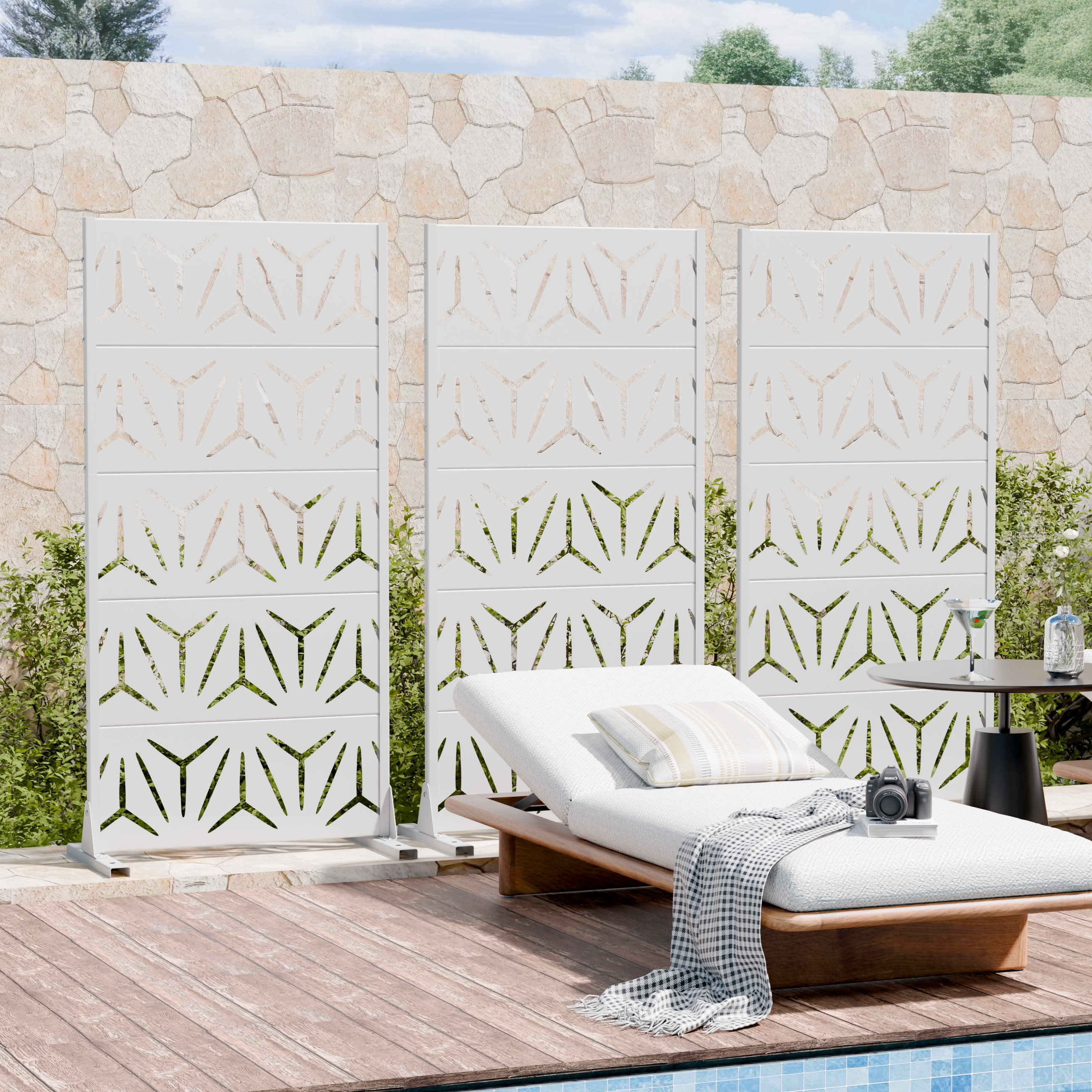 MAYEERTY 59x30 White Double-sided Outdoor Natural Privacy Panel Screen, 5 Piece Set Natural Folding Divider for Backyard and Garden