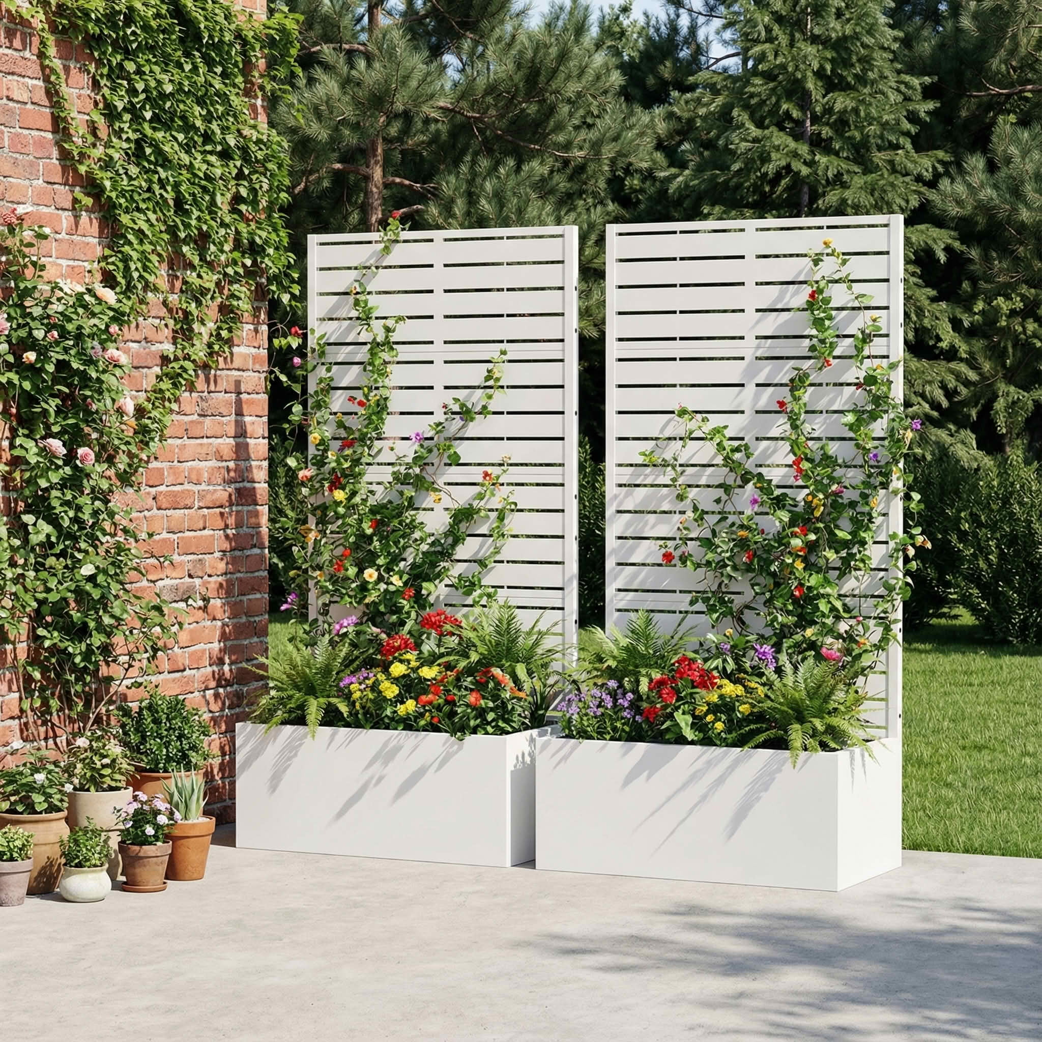 MAYEERTY 59x30 White Double-sided Rectangular Iron Planter Box with Trellis, 4 Piece Set Decorative Garden Screen for Patio and Balcony