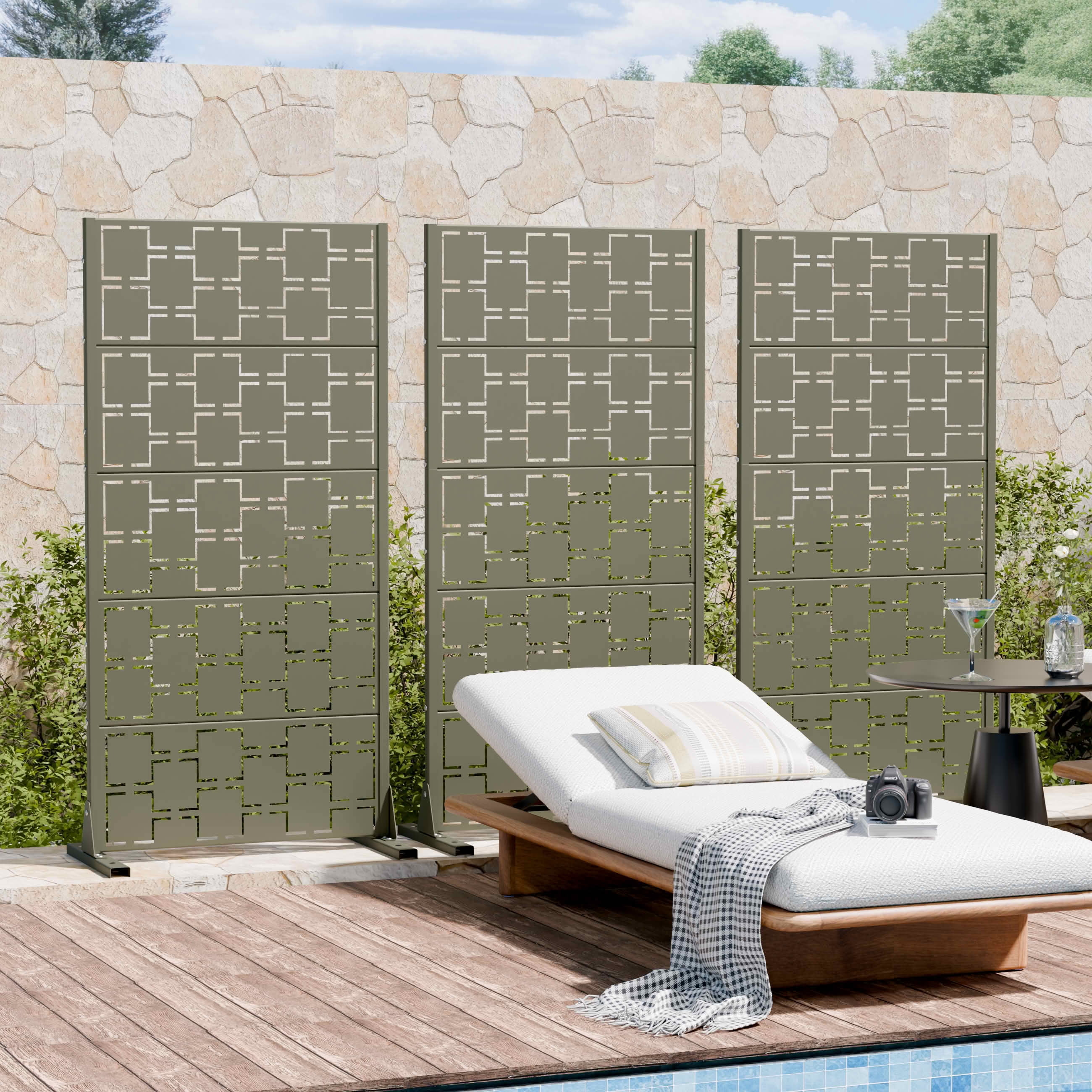 MAYEERTY 59x30x16 Inch Olive Gray Galvanized Steel Privacy Screen, 5 Piece Set for Outdoor Garden