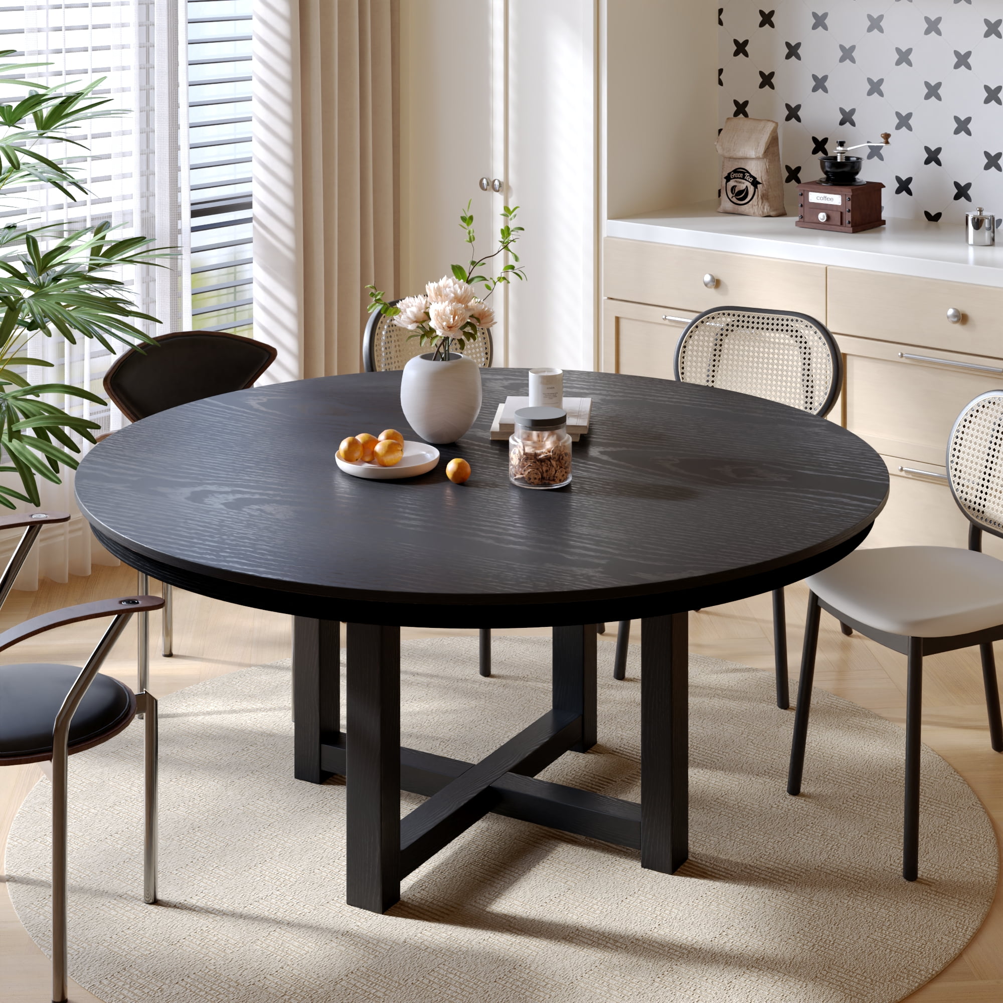 MAYEERTY 59x59x30 Modern Round Dining Table Wood Kitchen Table, Black ...
