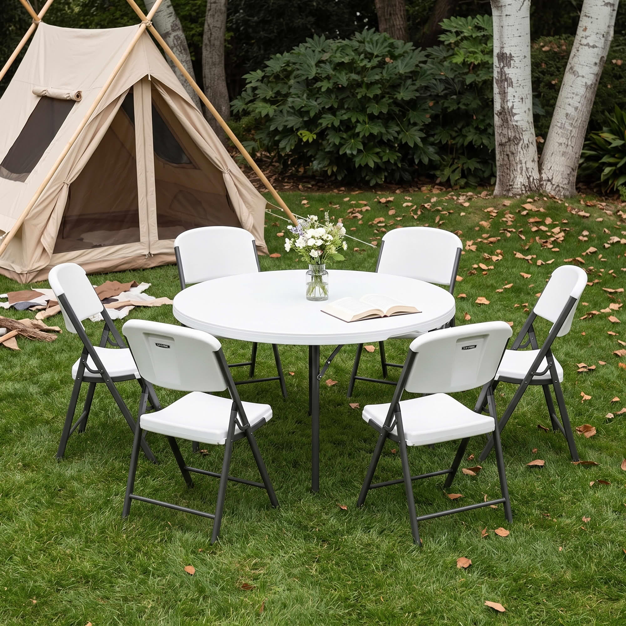 MAYEERTY 6-Piece White HDPE Folding Chairs, 600LB Capacity Powder Coated Steel Stackable UV Water Resistant Outdoor Event Chairs
