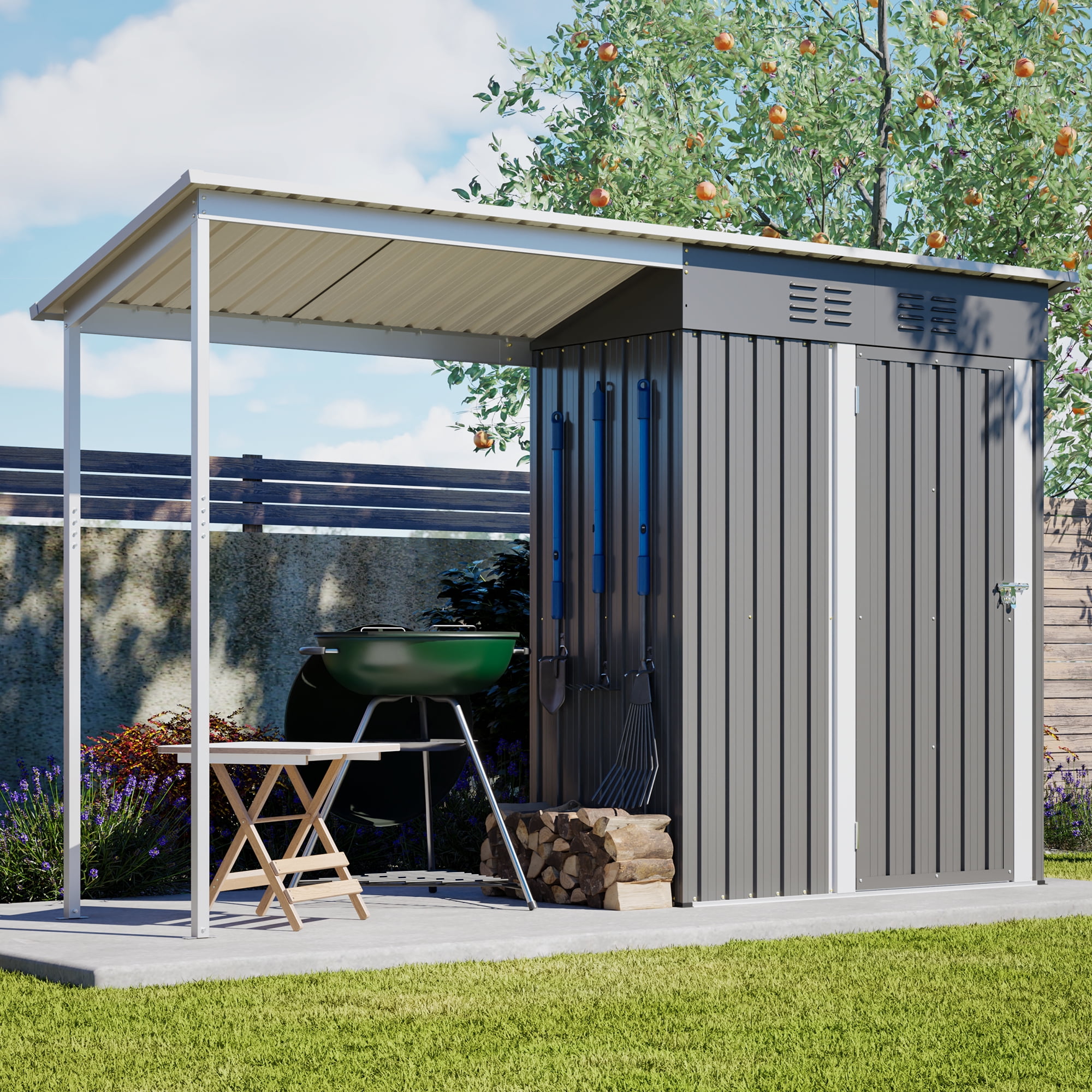 MAYEERTY 5x3FT 2-in-1 Outdoor Storage Shed & Gazebo Combo, Metal Lean-To Tool Shed with Lockable Door & Hardtop Pergola, for Backyard, Garden & Grilling