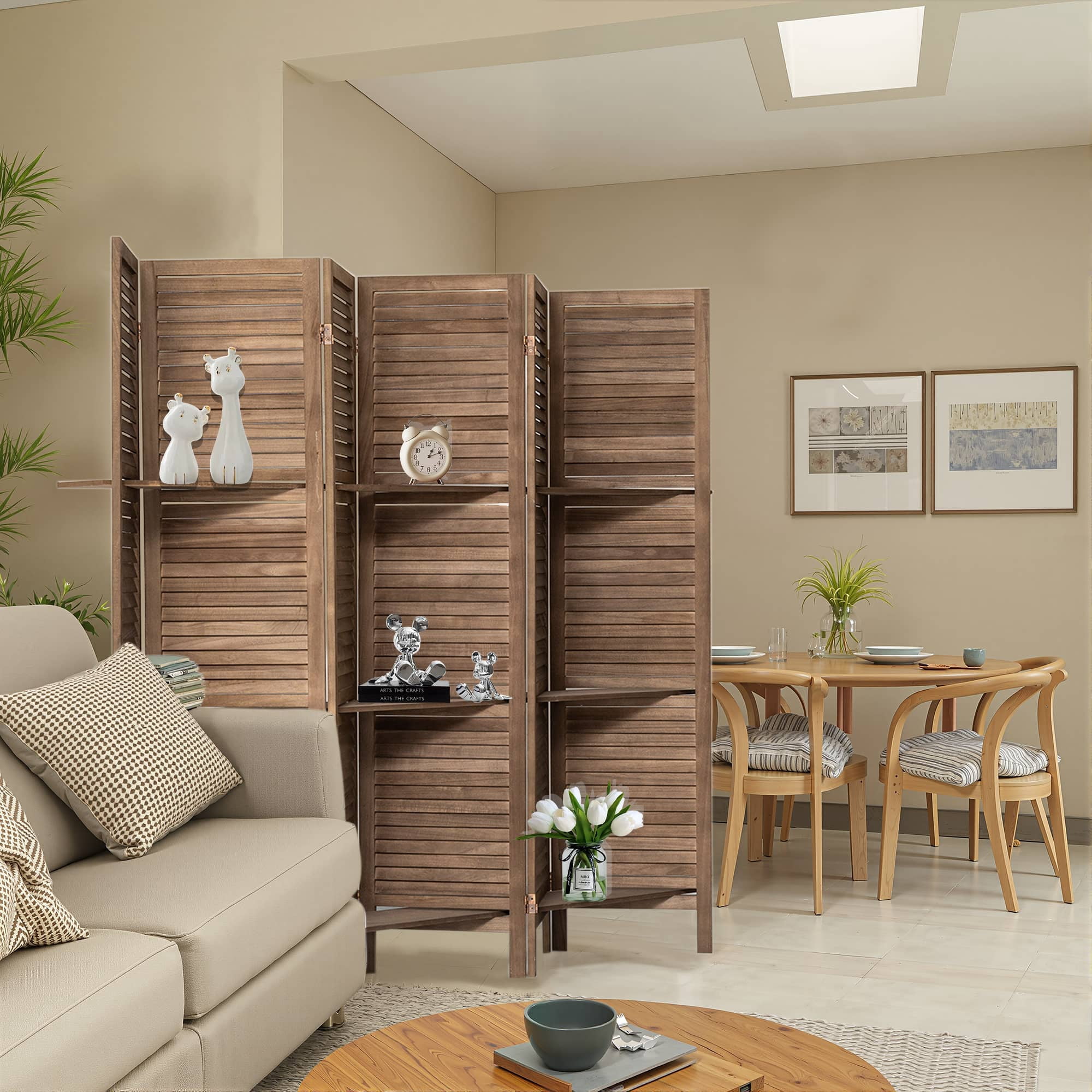 MAYEERTY 6 Panel Freestanding Room Divider, 5.6Ft Wood Privacy Screen with Shelves, Dark Brown