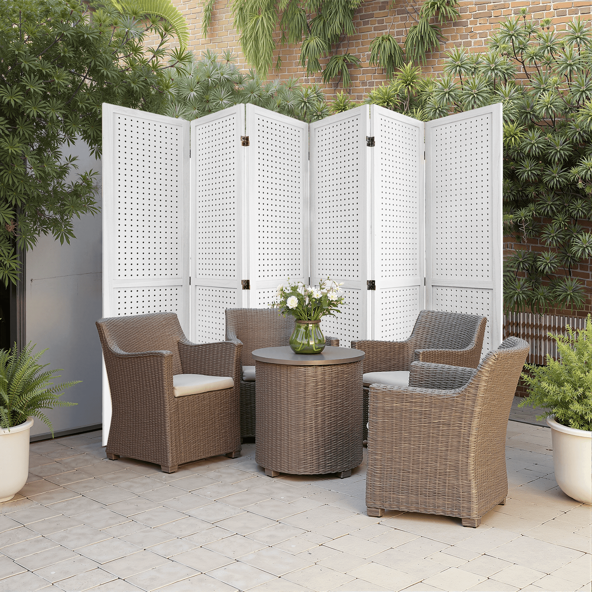 MAYEERTY 6 Panel Freestanding Room Divider, 5.6Ft Wooden Privacy Screen with Shelves, Elegant White