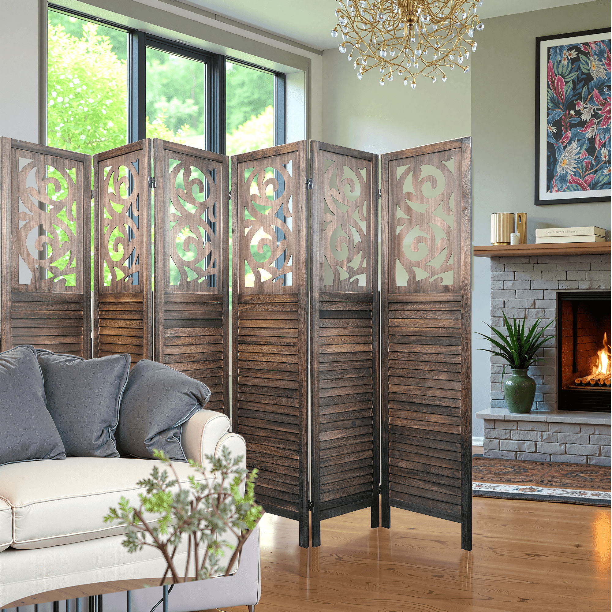 MAYEERTY 6 Panel Freestanding Room Dividers, 6FT Carved Wood Folding Privacy Screens, Rustic Brown