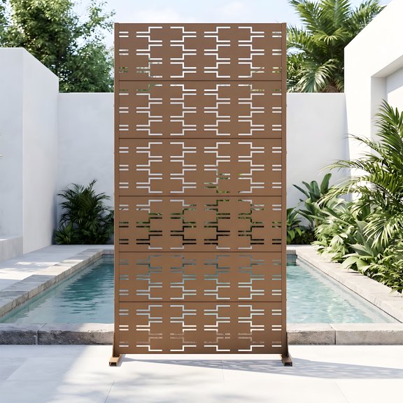 MAYEERTY 6-Panel Rectangular Brown Galvanized Steel Outdoor Privacy Screen with Brick Pattern for Garden Patio Yard, 35 X 72 Inch