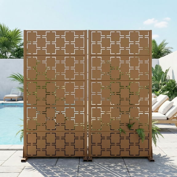 MAYEERTY 6-Panel Rectangular Brown Galvanized Steel Outdoor Privacy Screen with Square Grid Pattern for Garden Patio Yard, 35 X 72 Inch, Double-Sided