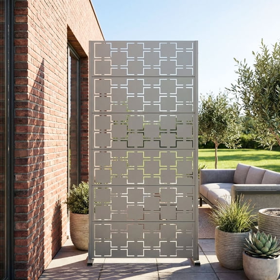 MAYEERTY 6-Panel Rectangular Gray Galvanized Steel Outdoor Privacy Screen with Square Grid Pattern for Garden Patio Yard, 35 X 72 Inch