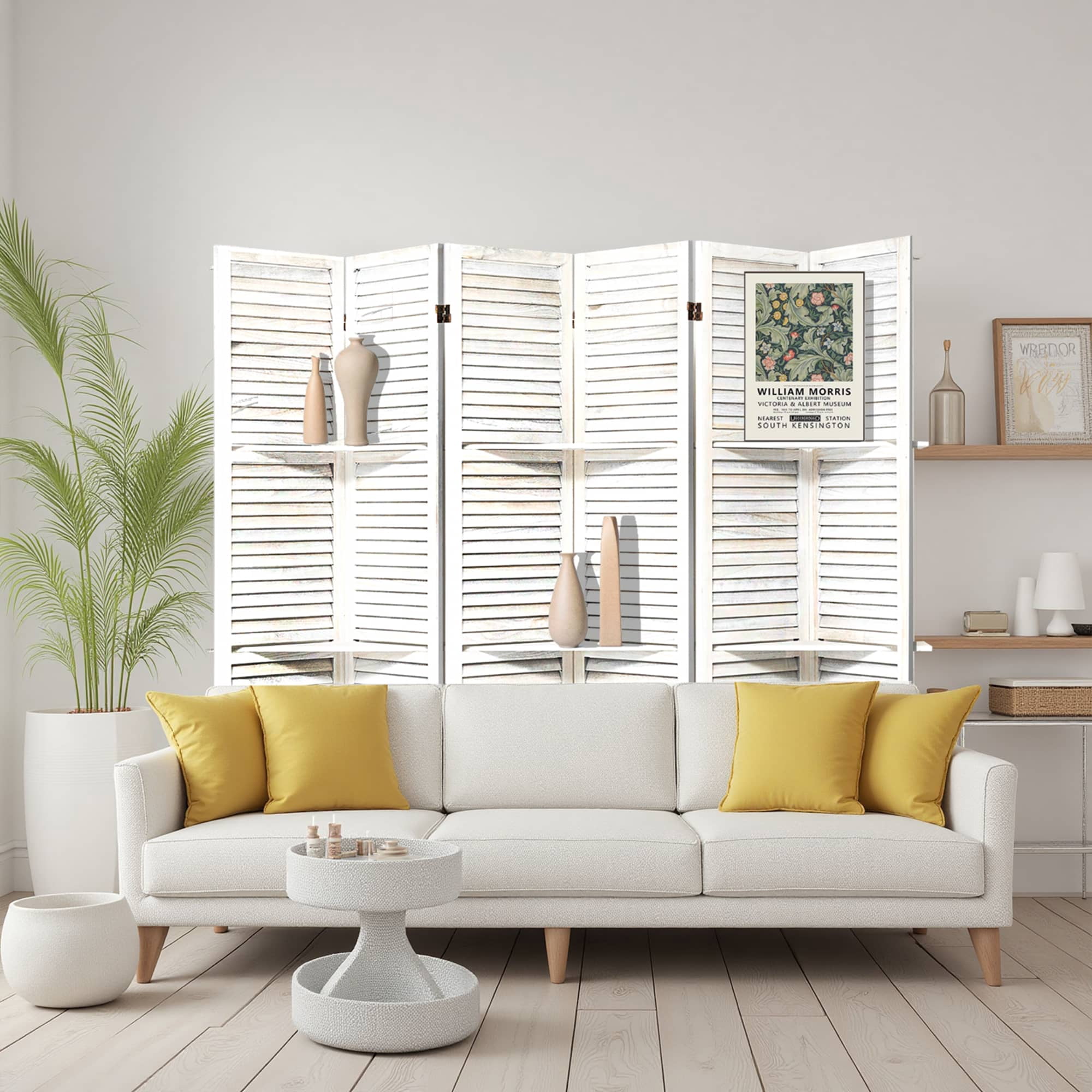 MAYEERTY 6 Panel Room Divider with Display Shelves, Freestanding Wood Privacy Screen, White