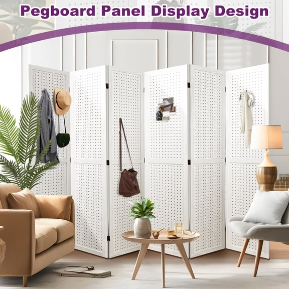 MAYEERTY 6 Panel Wood Pegboard Room Divider, Folding Privacy Screen with Peg Holes for Hanging Accessories, 67" White