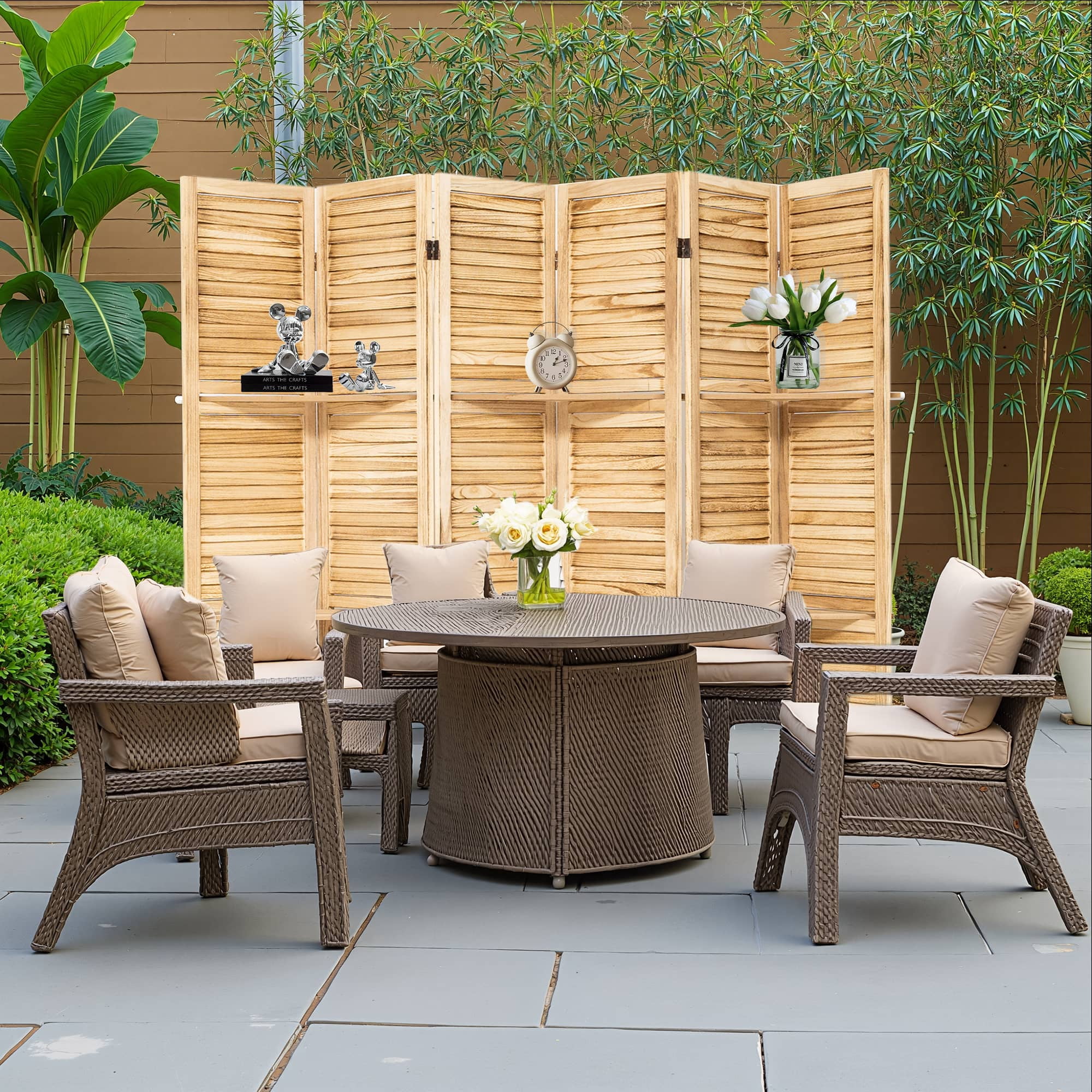 MAYEERTY 6 Panel Wood Room Divider with Display Shelves, Freestanding Privacy Screen, Natural Color