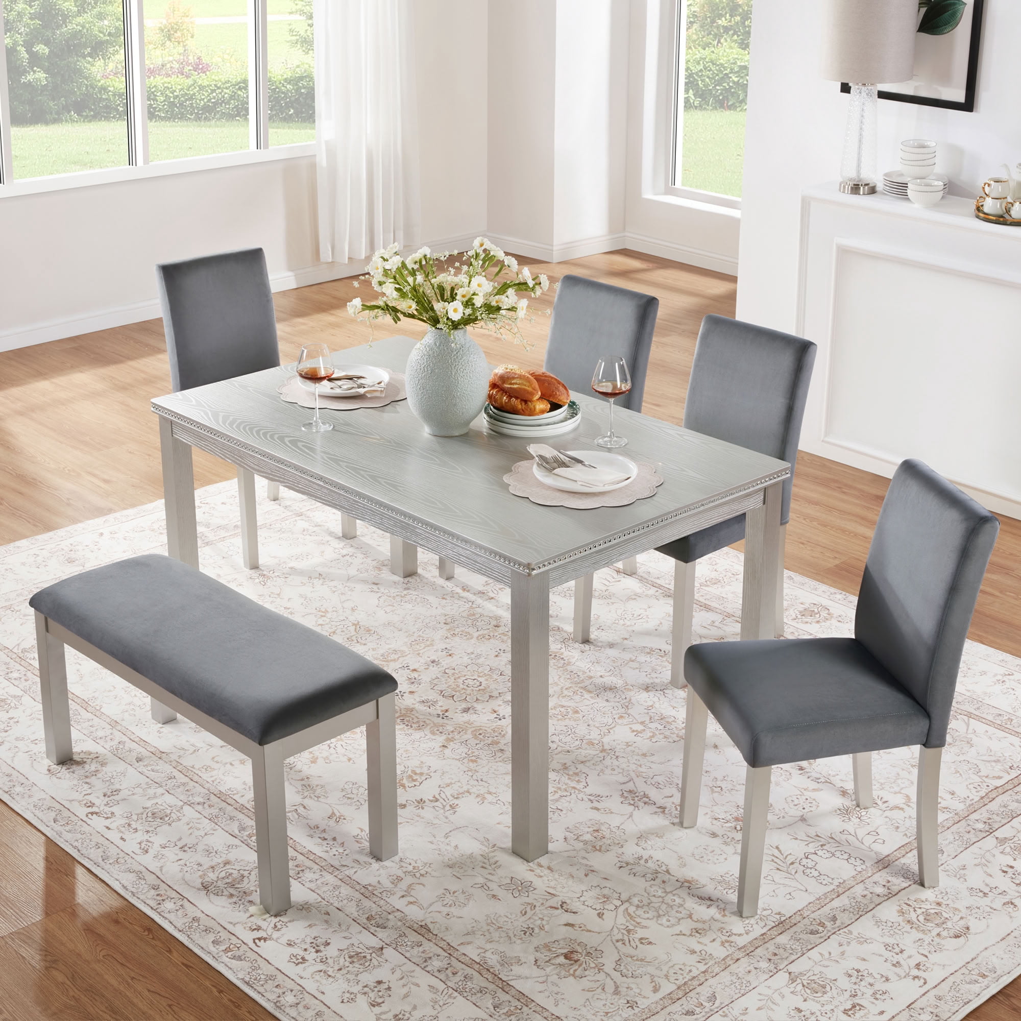 MAYEERTY 6-Piece Dining Table Set, Modern Wooden Dining Set for 6 with 4 Upholstered Chairs and Bench for Kitchen Dining Room, Silver Grey